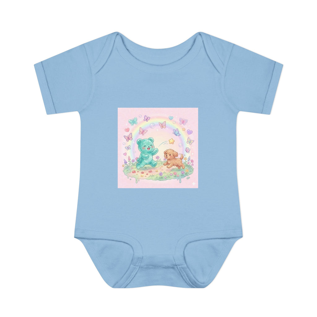 Gooey Gummy Playing Fetch with Puppy, Cute Infant Onesie