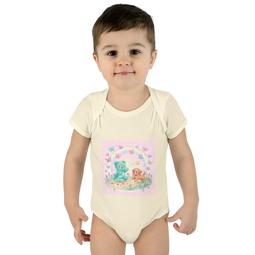 Gooey Gummy Playing Fetch with Puppy, Cute Infant Onesie