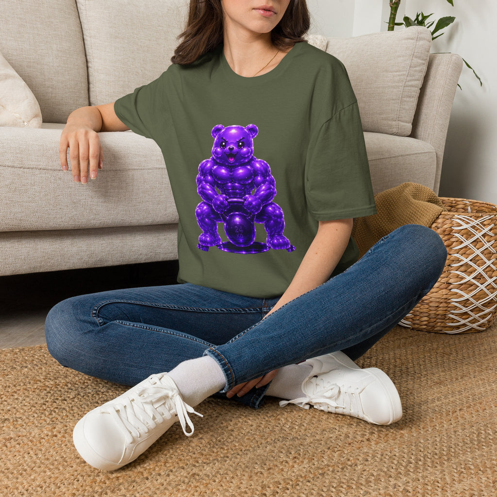 Brawny Violet Oozy Buff Bear with Kettleball Weight- Adult Graphic Shirt (18+)