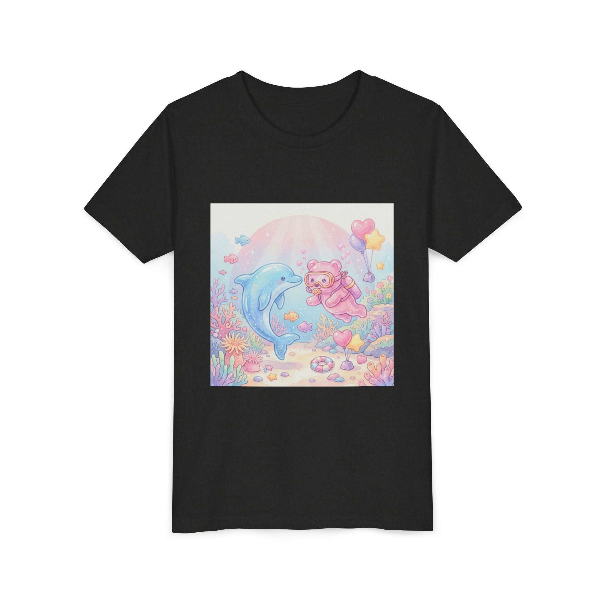 Dolphin & Pink Gooey Gummy Bear Underwater Tee — Pastel Ocean Animal Graphic Shirt