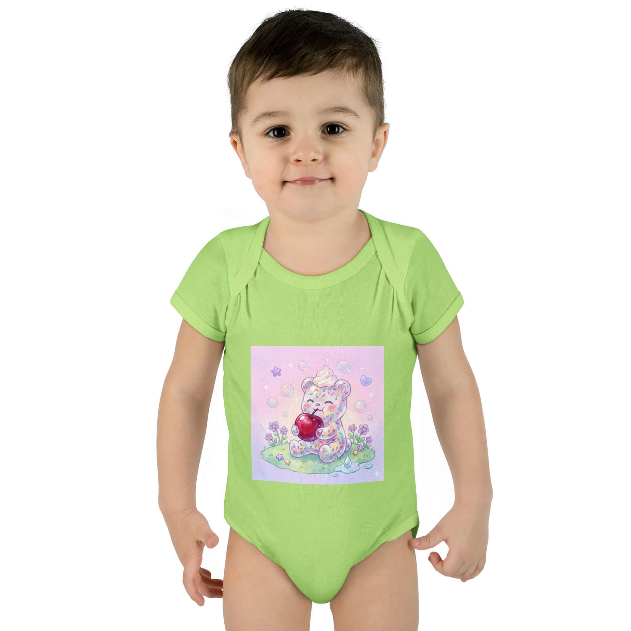 Gooey Gummy Birthday Sprinkles Cake bear eating a Cherry- Infant Onesie