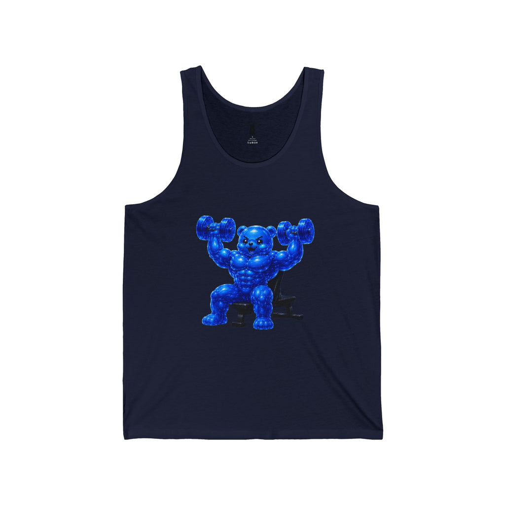 Weight Lifting, Deep Blue Oozy Buff Bear Gummy Gym Addition- Adult Graphic Tank Top