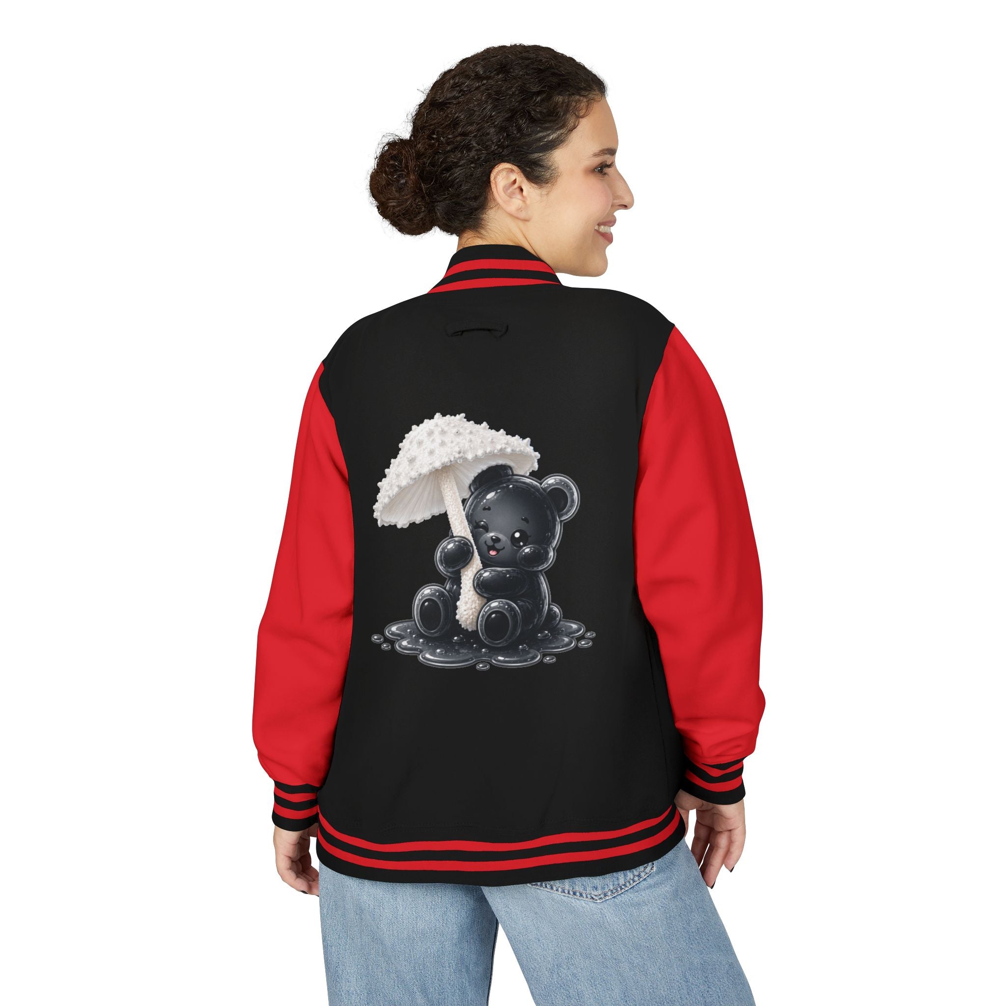 White Mushroom Umbrella, Black Gooey Gummy Bear — Kawaii Graphic Varsity Jacket