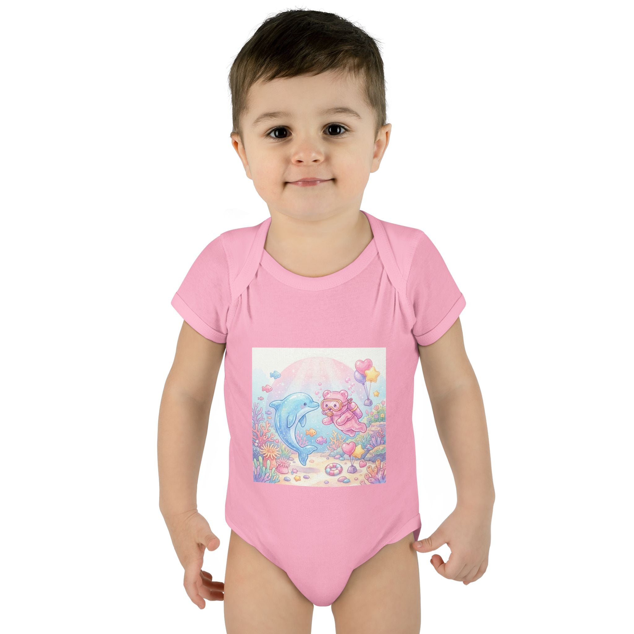 Infant Bodysuit — Pastel Dolphin & Pink Gummy Bear Underwater Baby Onesie