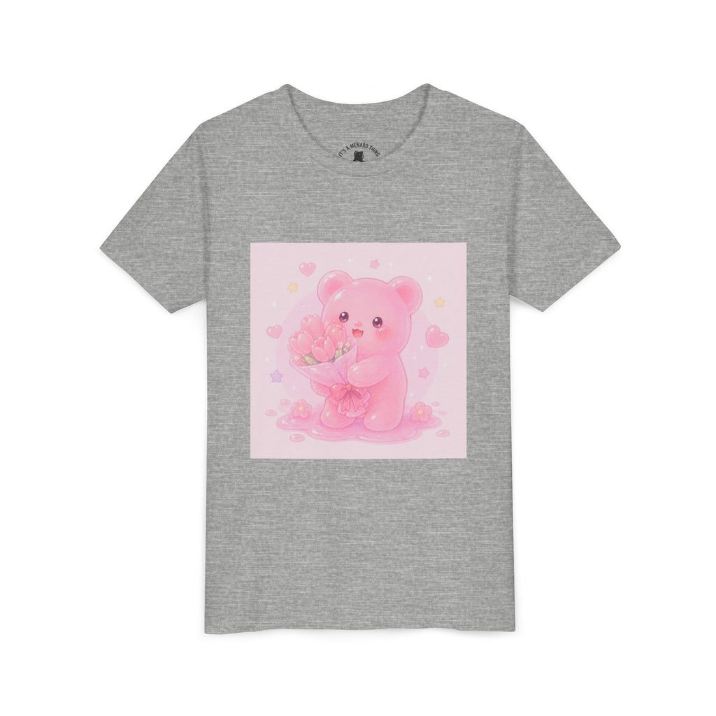 Pink Gooey Gummy Bear Youth Tee – Valentine Gummy Bouquet Kids Shirt