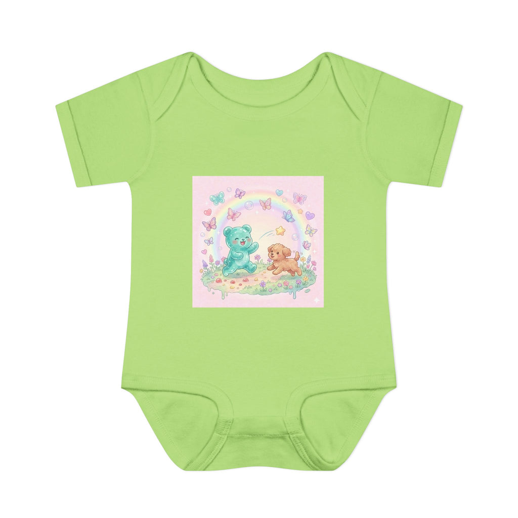 Gooey Gummy Playing Fetch with Puppy, Cute Infant Onesie