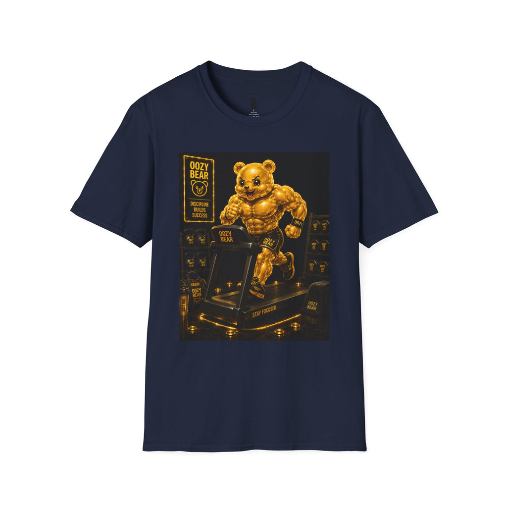 Running The Treadmill, Golden Yellow Oozy Buff Bear Workout- Adult Graphic Shirt