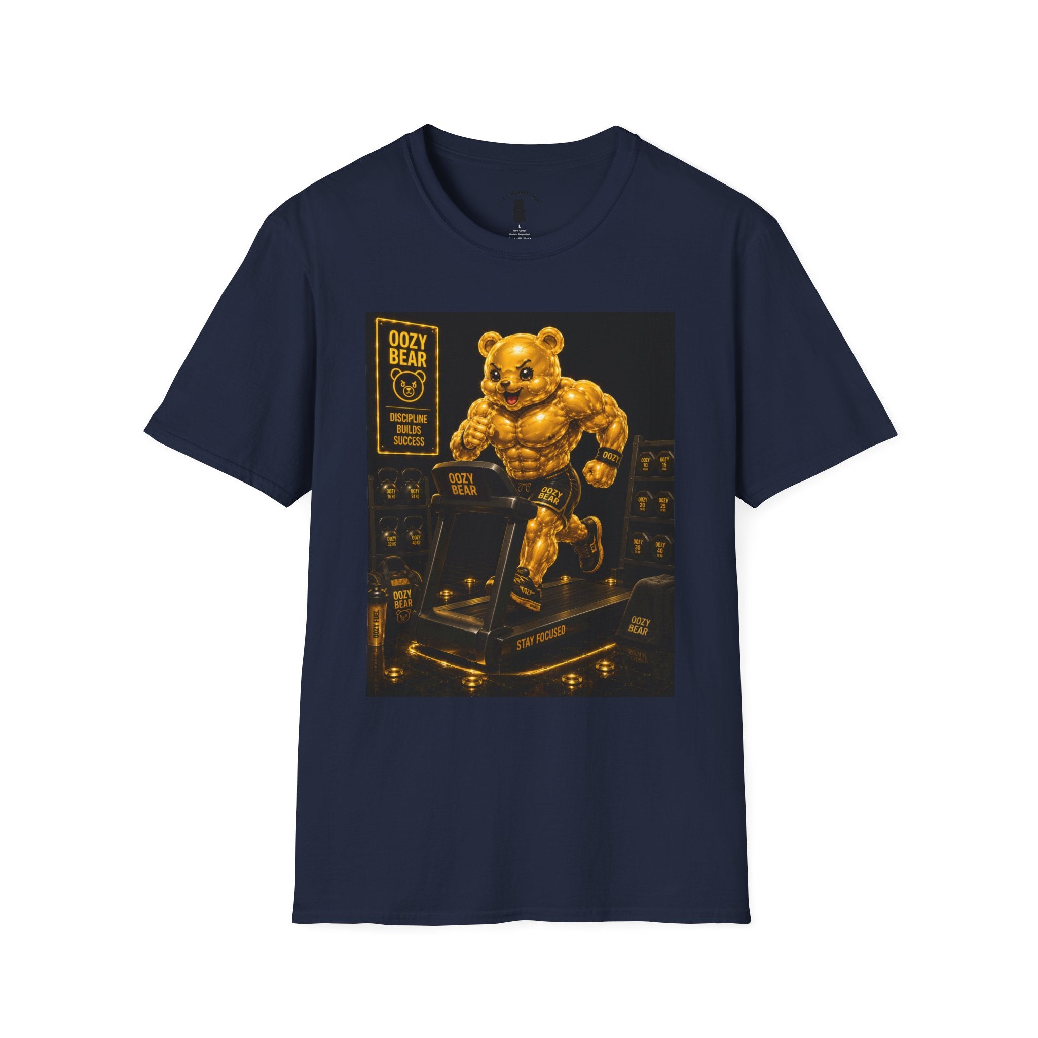 Running The Treadmill, Golden Yellow Oozy Buff Bear Workout- Adult Graphic Shirt