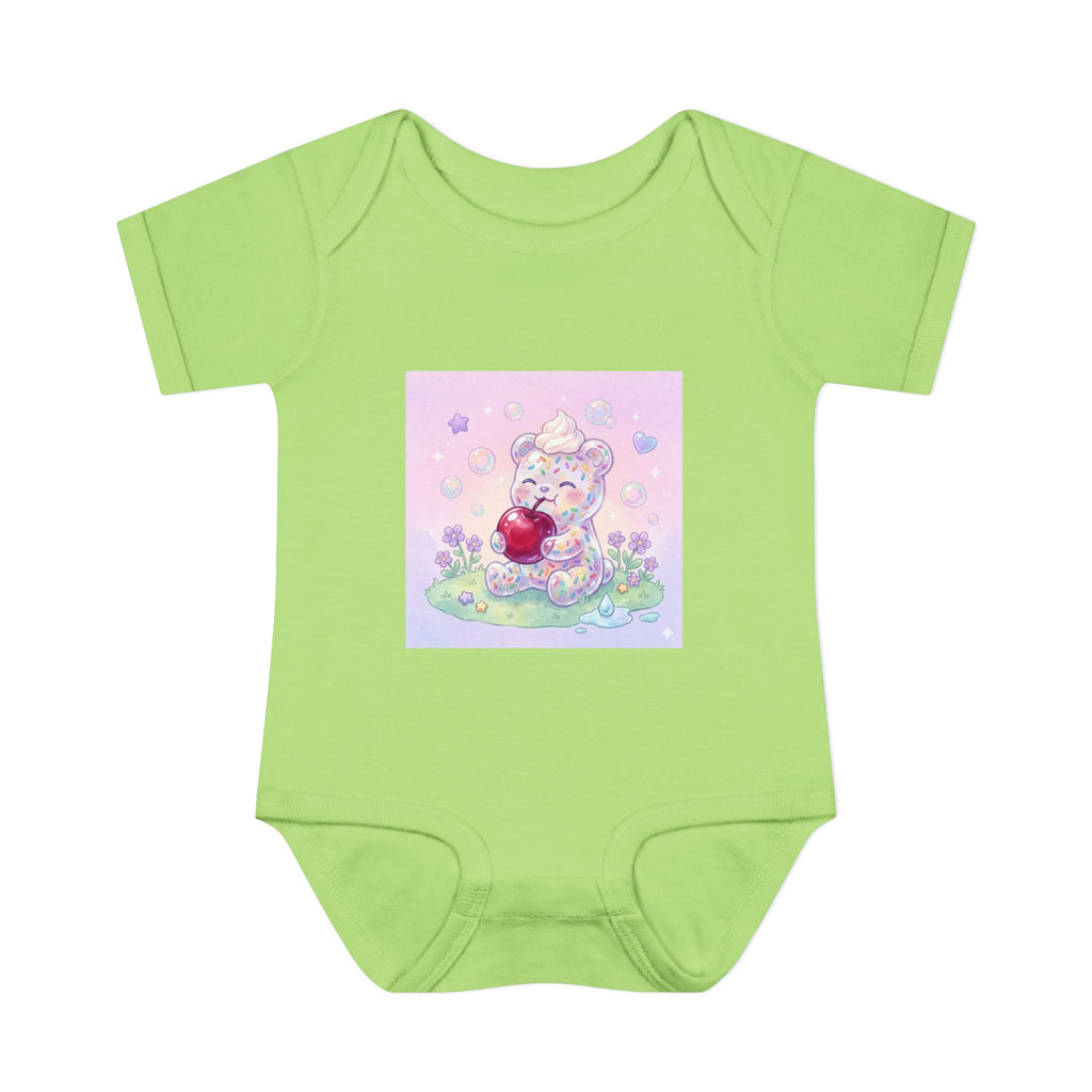 Gooey Gummy Birthday Sprinkles Cake bear eating a Cherry- Infant Onesie