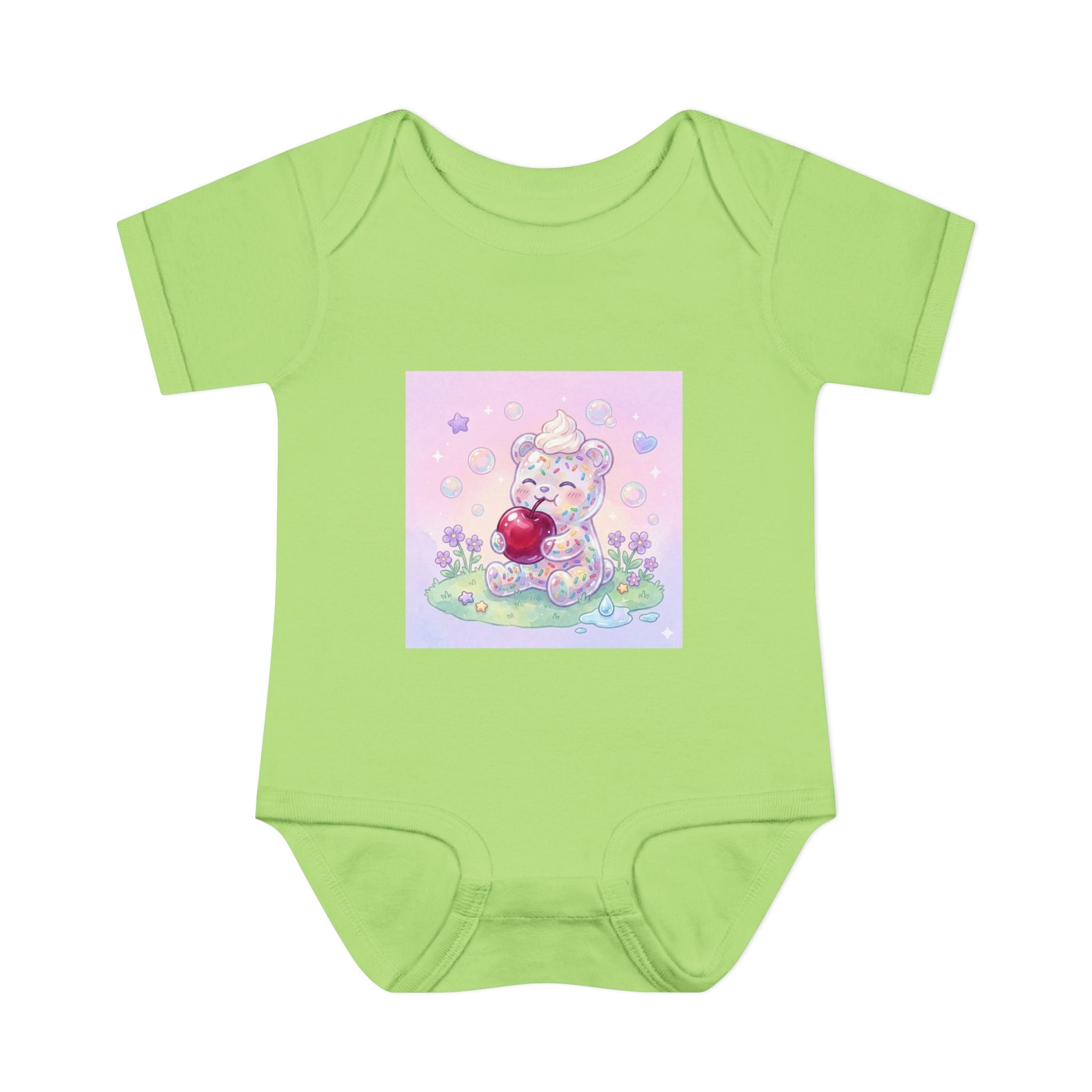Gooey Gummy Birthday Sprinkles Cake bear eating a Cherry- Infant Onesie