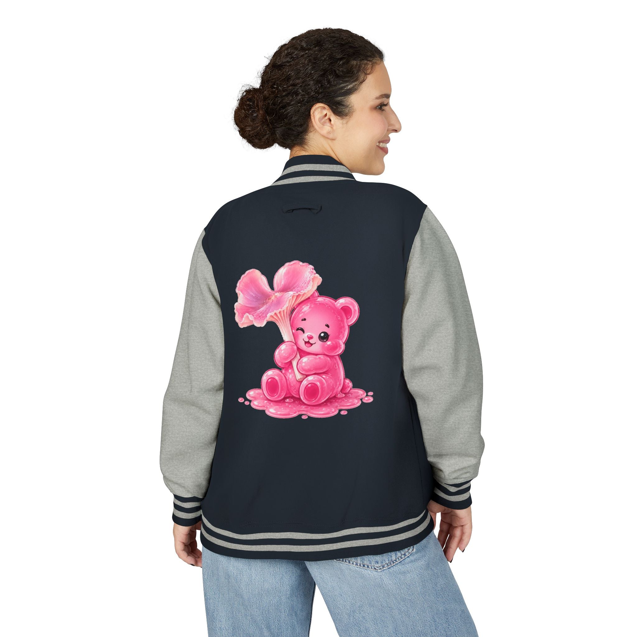 Pink Wax Cap Mushroom, Gooey Gummy Bear Friend — Kawaii Graphic Varsity Jacket