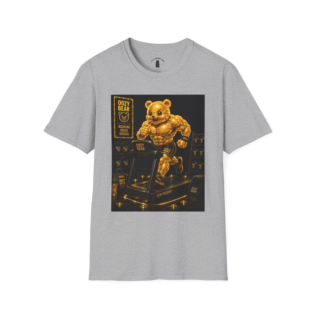 Running The Treadmill, Golden Yellow Oozy Buff Bear Workout- Adult Graphic Shirt