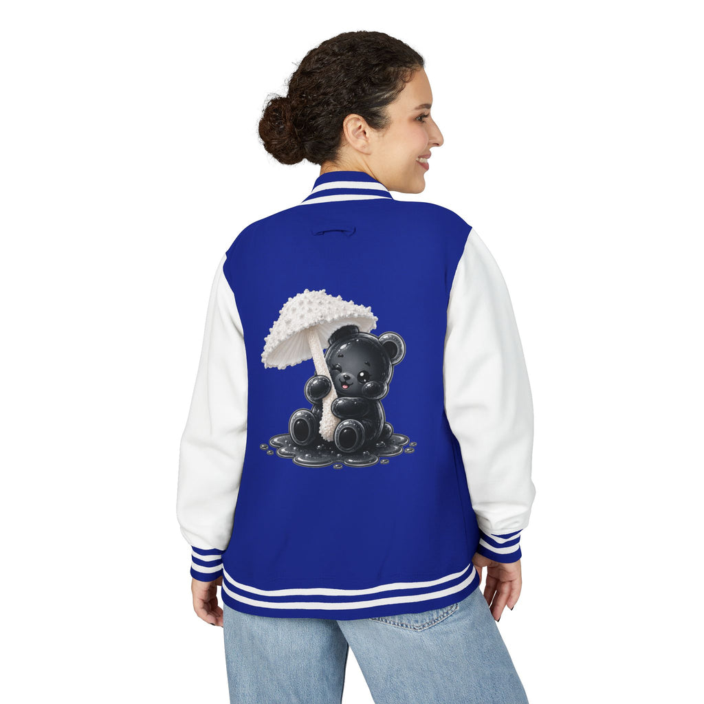 White Mushroom Umbrella, Black Gooey Gummy Bear — Kawaii Graphic Varsity Jacket
