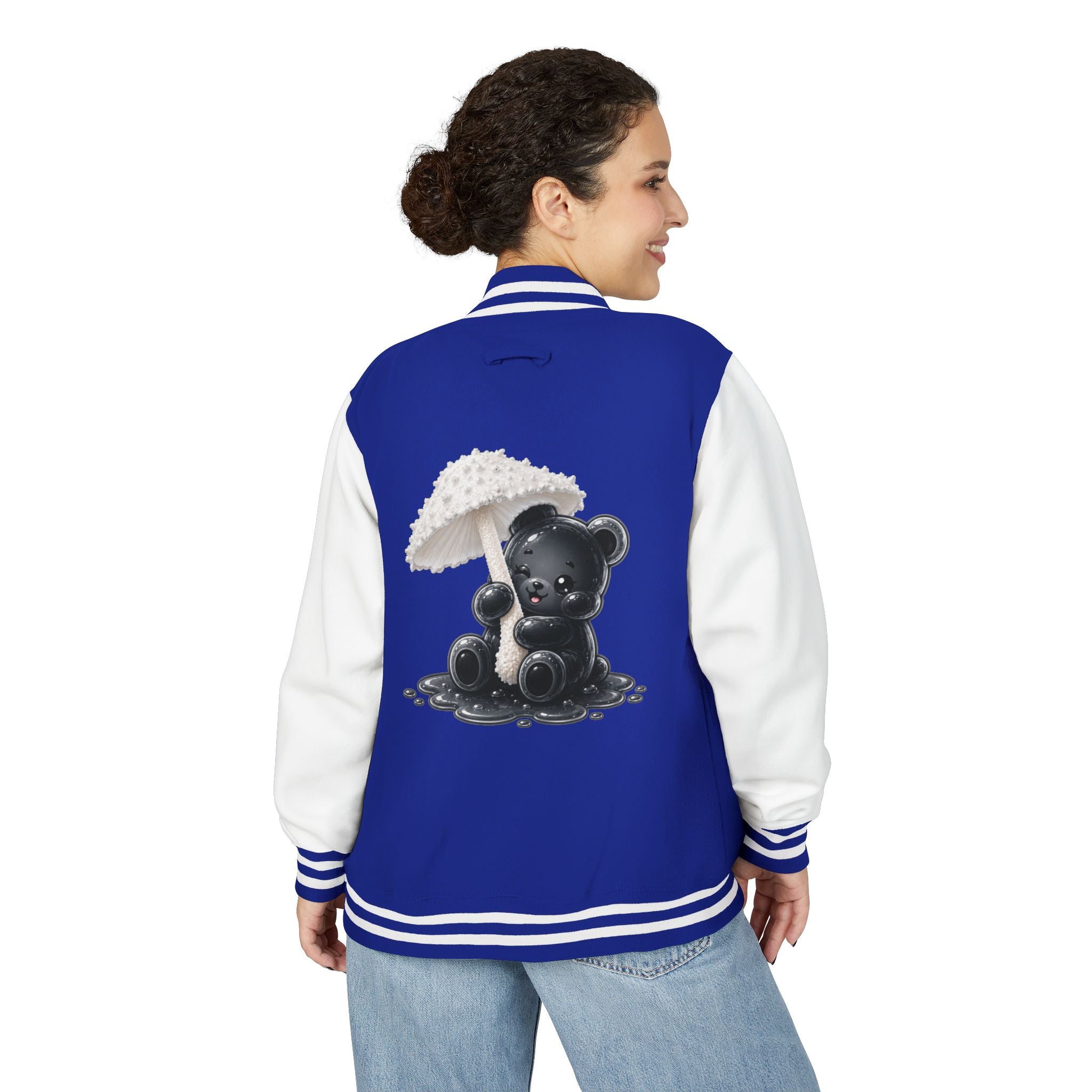 White Mushroom Umbrella, Black Gooey Gummy Bear — Kawaii Graphic Varsity Jacket