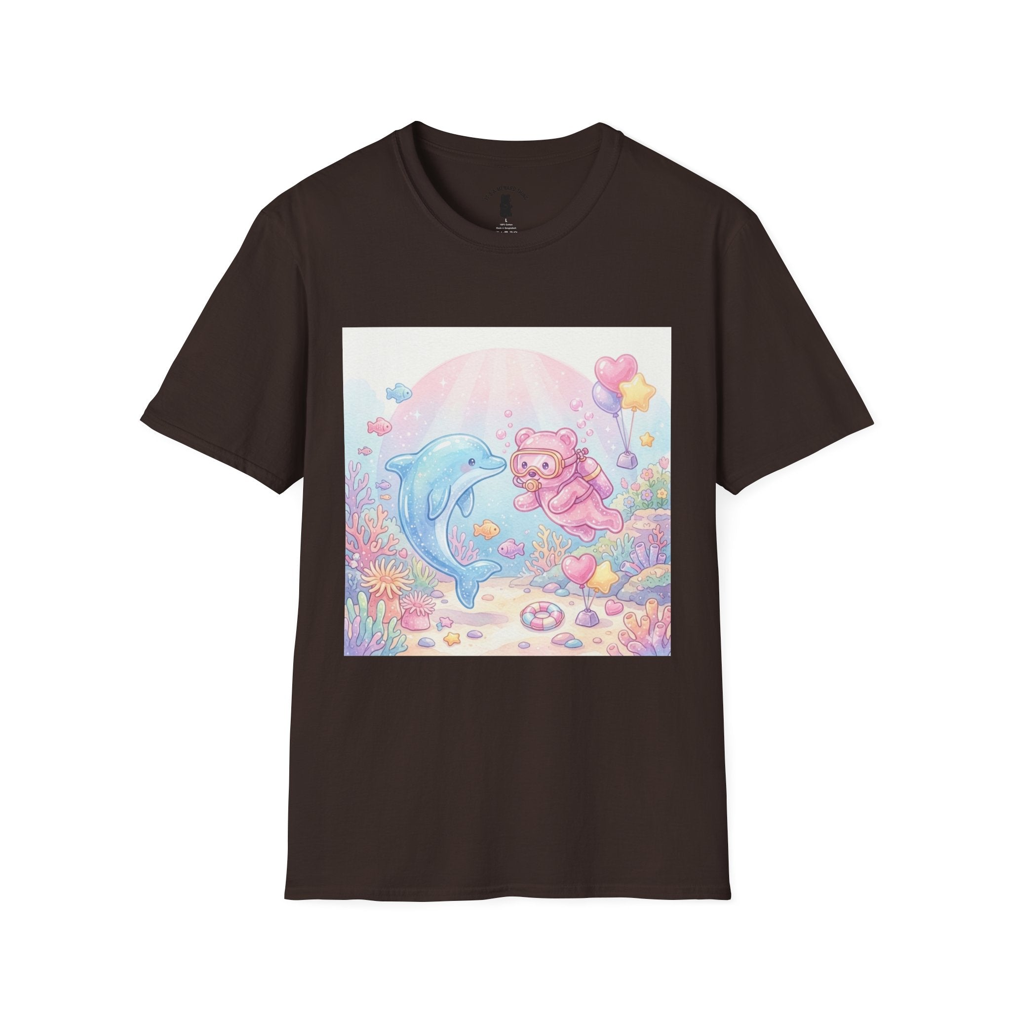 Scuba Diving with Dolphin Friend, Pink Gooey Gummy Bear- Kawaii Graphic T-Shirt