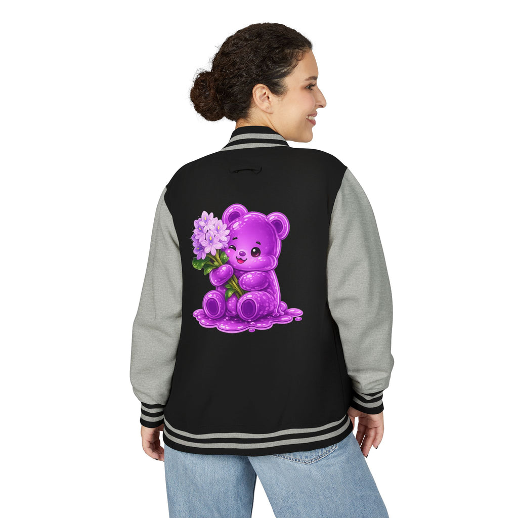 Special Purple Flower Cluster, Oozy Bear Gummy Friend- Letterman Graphic Jacket
