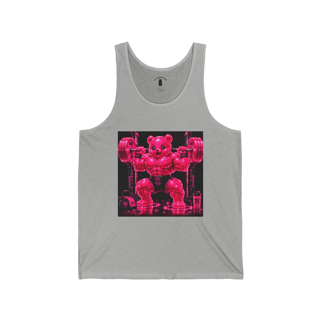 Working Out with Heavy Barbell, Pink Oozy Buff Bear Gummy Gym Addition- Adult Graphic Tank Top