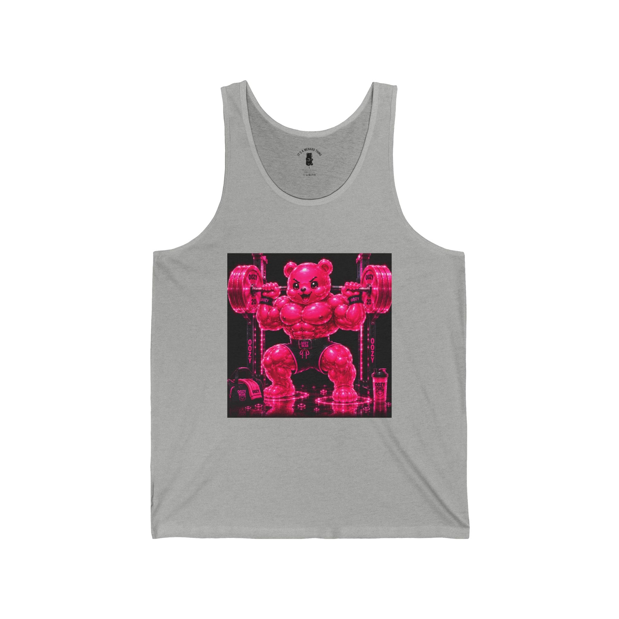 Working Out with Heavy Barbell, Pink Oozy Buff Bear Gummy Gym Addition- Adult Graphic Tank Top