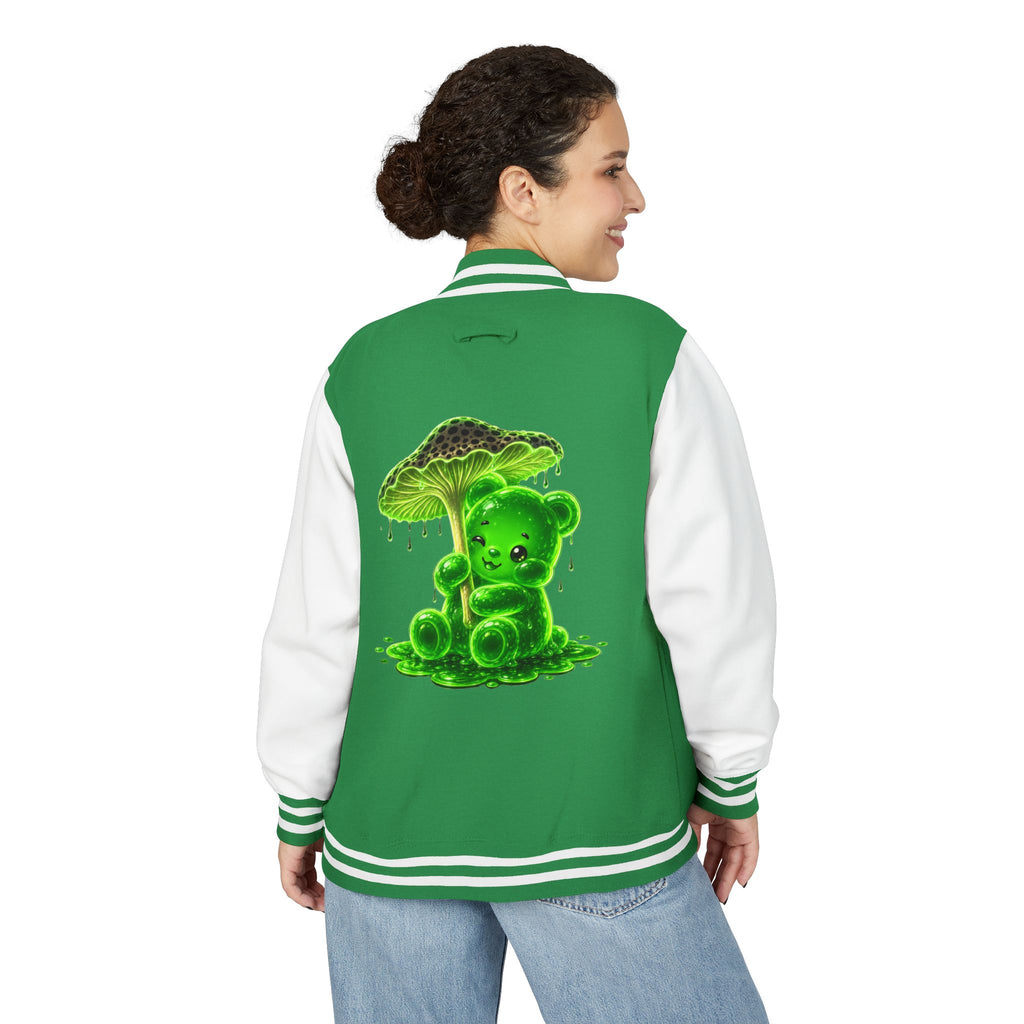 Glowing Green Mushroom, Gooey Gummy Bear Friend — Kawaii Graphic Varsity Jacket