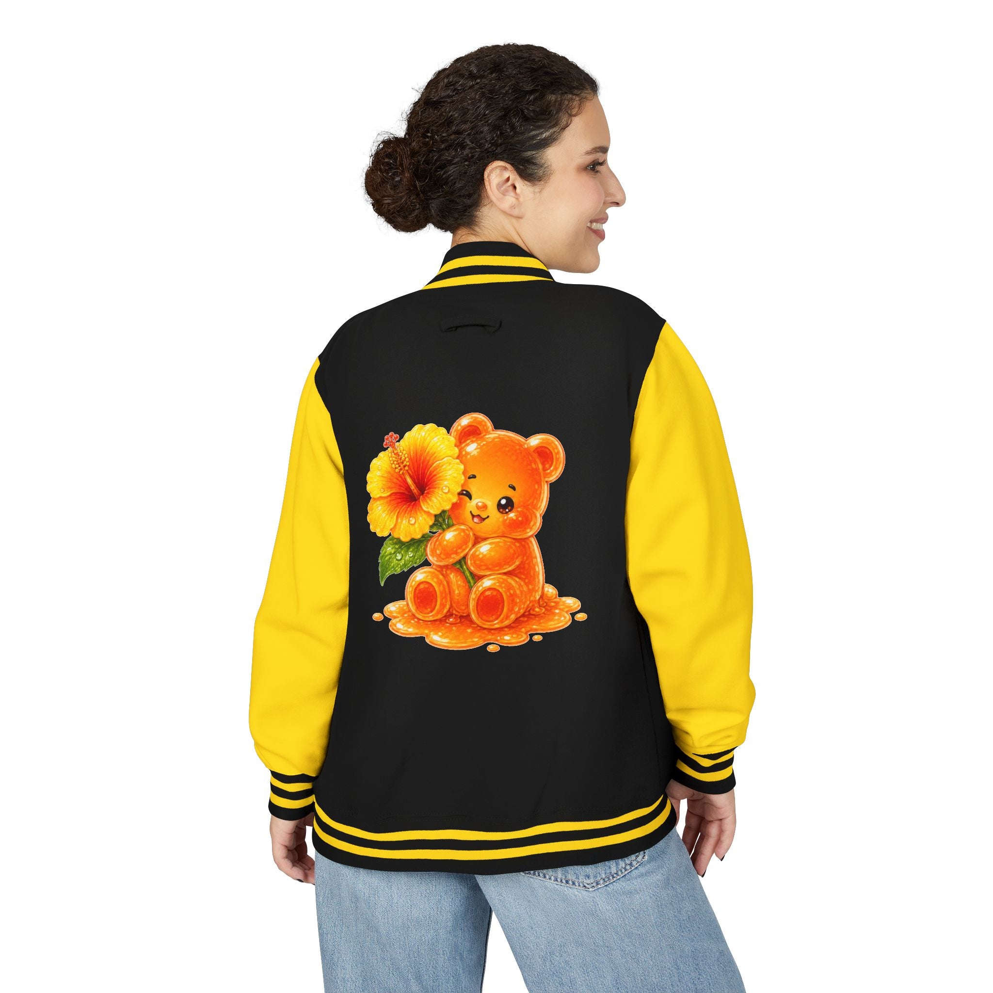 Golden Hibiscus, Yellow Gooey Gummy Bear Friend- Kawaii Varsity Jacket