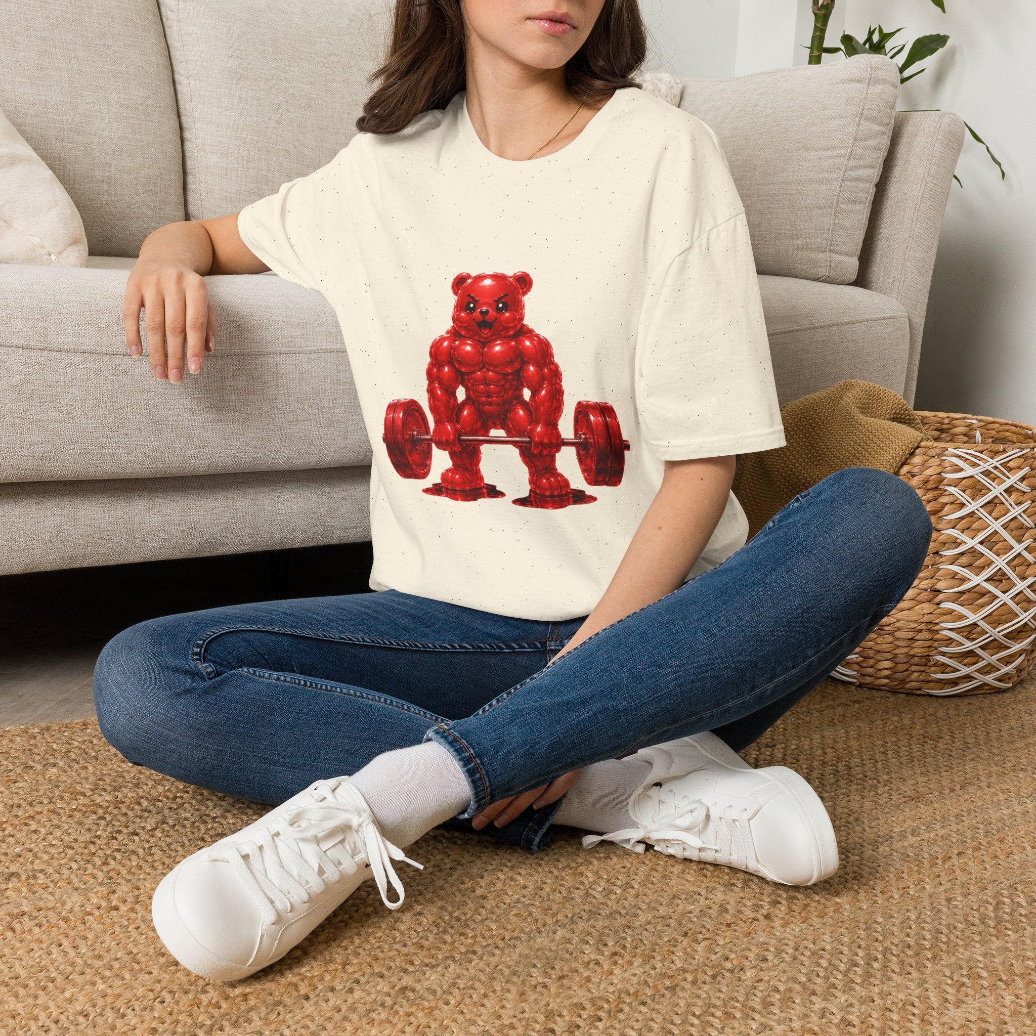 Heavy Bar Workout, Red Oozy Buff Bear Gym Gummy- Adult Graphic Shirt (18+)
