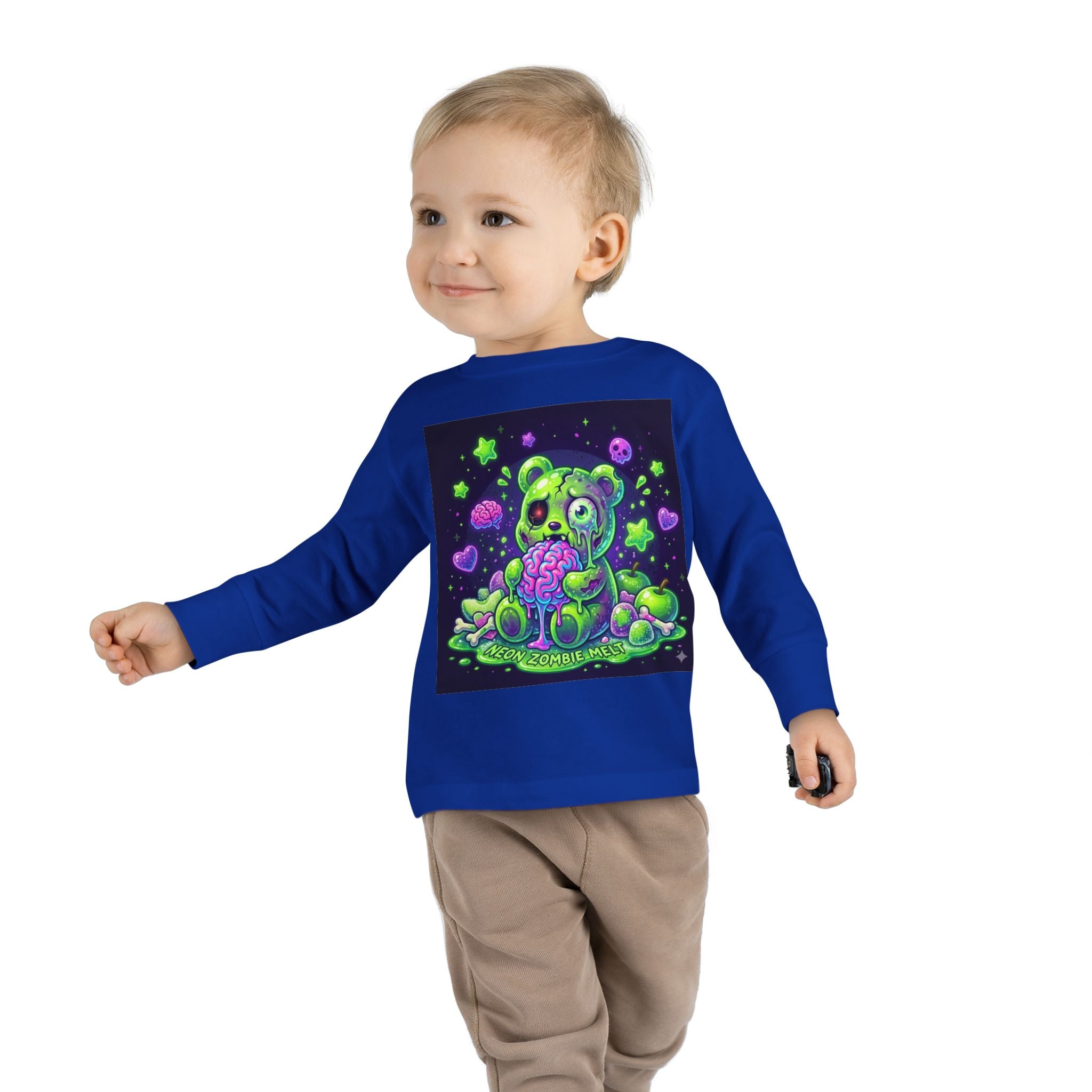 Neon Zombie Oozy Bear Gummy Halloween Addition- Kids Graphic Long Sleeve Shirt