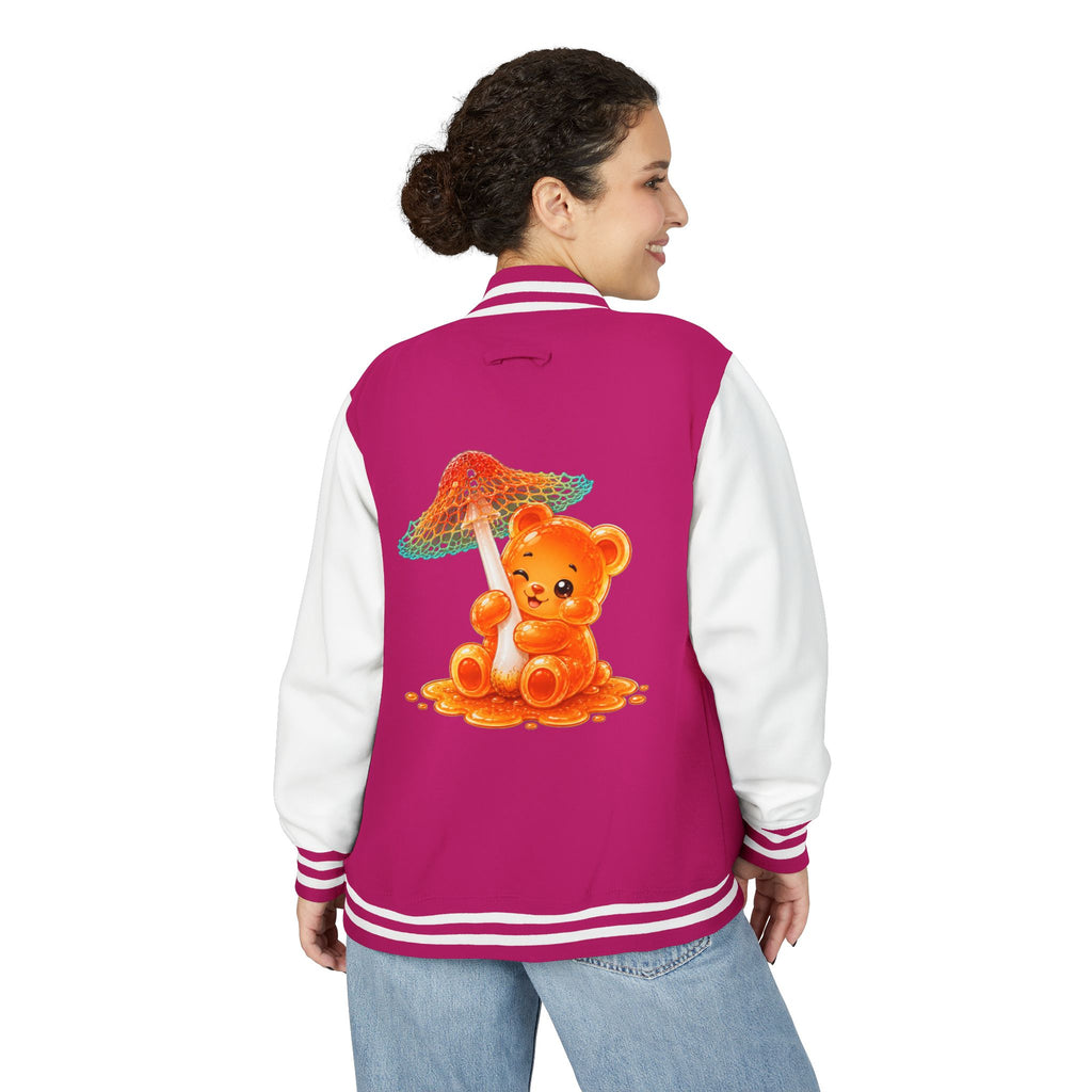 Pretty Orange and Teal Mushroom, Gooey Gummy Bear Friend — Kawaii Graphic Varsity Jacket