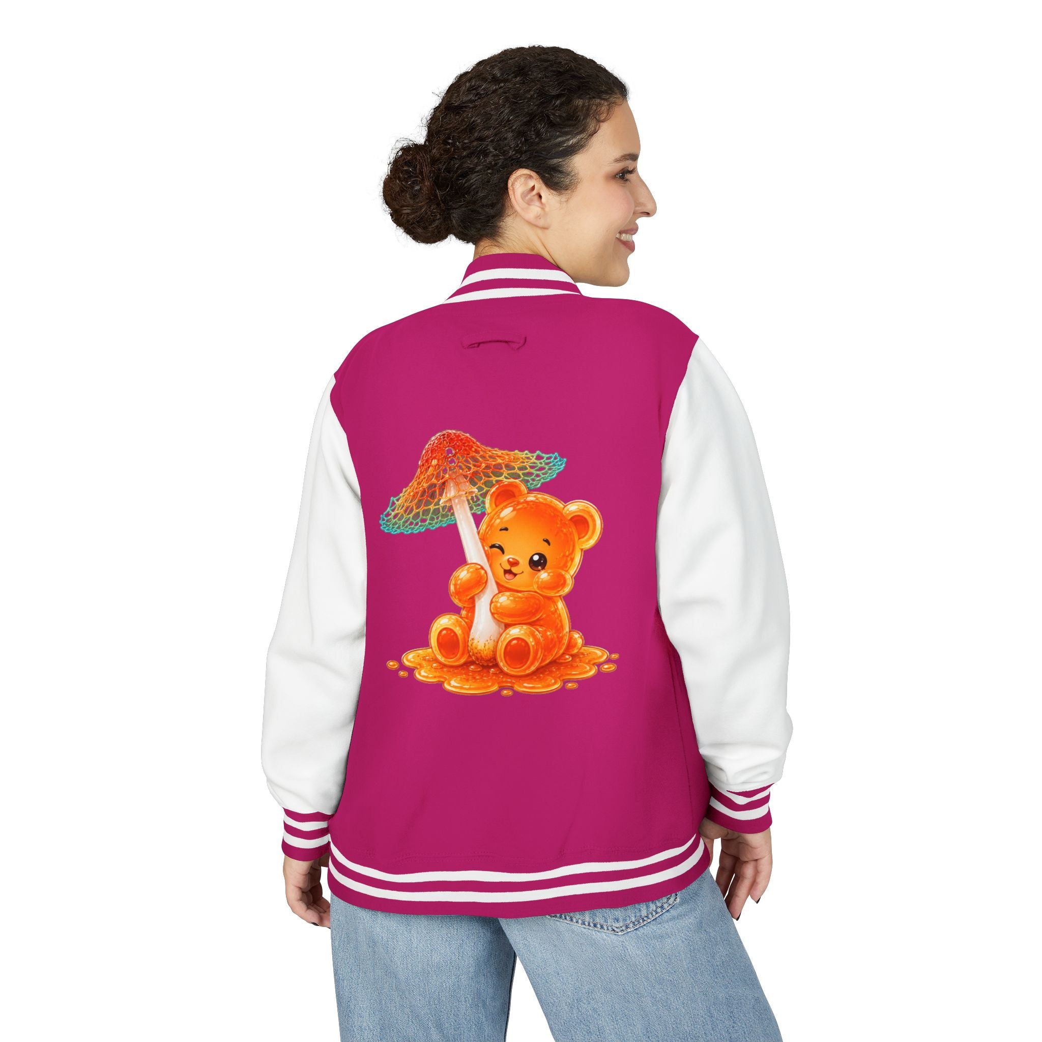 Pretty Orange and Teal Mushroom, Gooey Gummy Bear Friend — Kawaii Graphic Varsity Jacket
