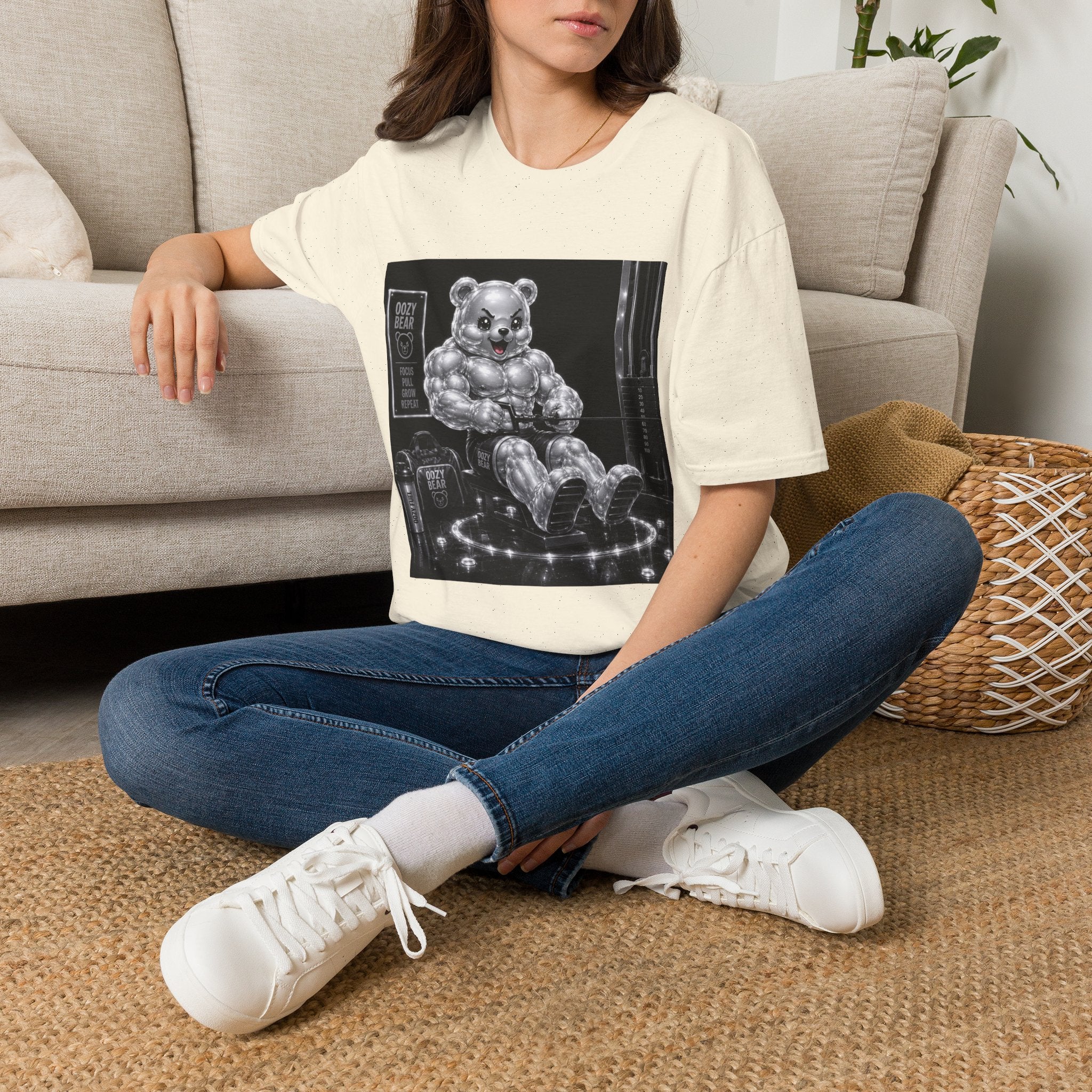 Working on the Bench, Silver Oozy Buff Bear Gummy Gym Addition- Adult Graphic Shirt