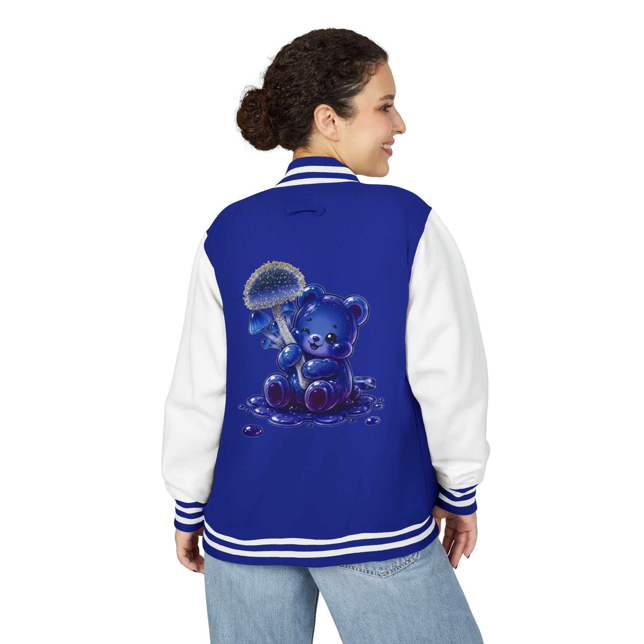 Sparkling Blue Mushroom Cluster, Oozy Bear Friends- Letterman Graphic Jacket