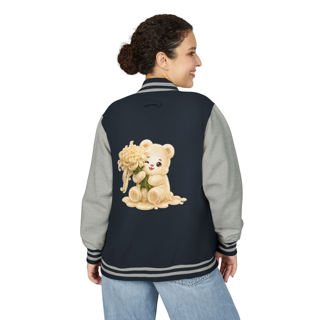 Creamy White Chrysanthemum Flower Addition, White Oozy Bear Gummy Friend- Lettermen Graphic Jacket