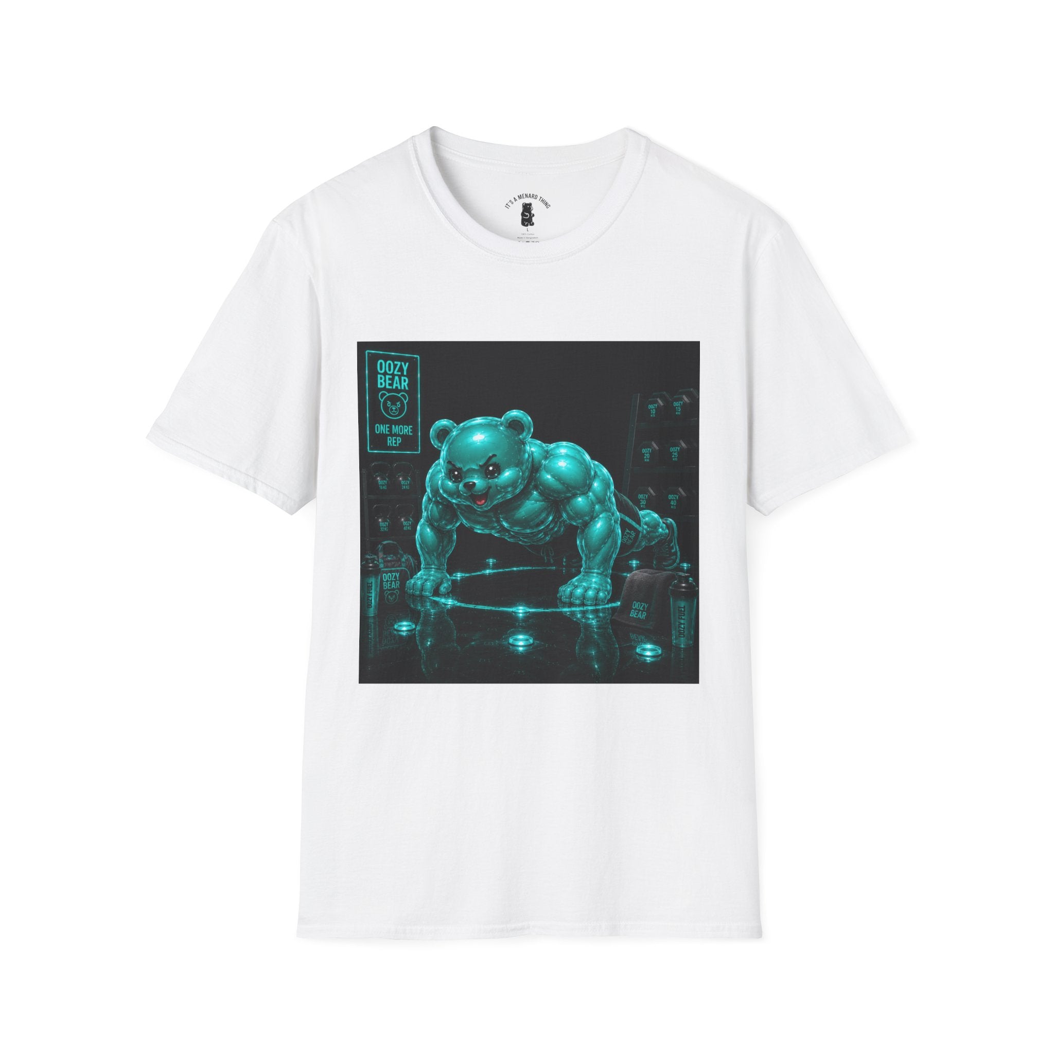 Neon Fitness Push Ups, Teal Oozy Buff Bear Gummy Gym Addition- Adult Graphic Shirt