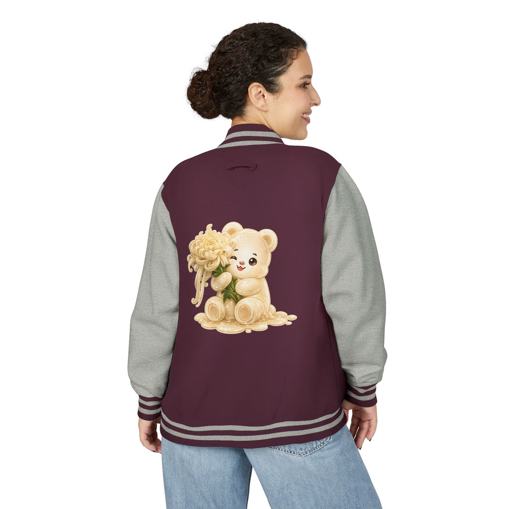 Creamy White Chrysanthemum Flower Addition, White Oozy Bear Gummy Friend- Lettermen Graphic Jacket