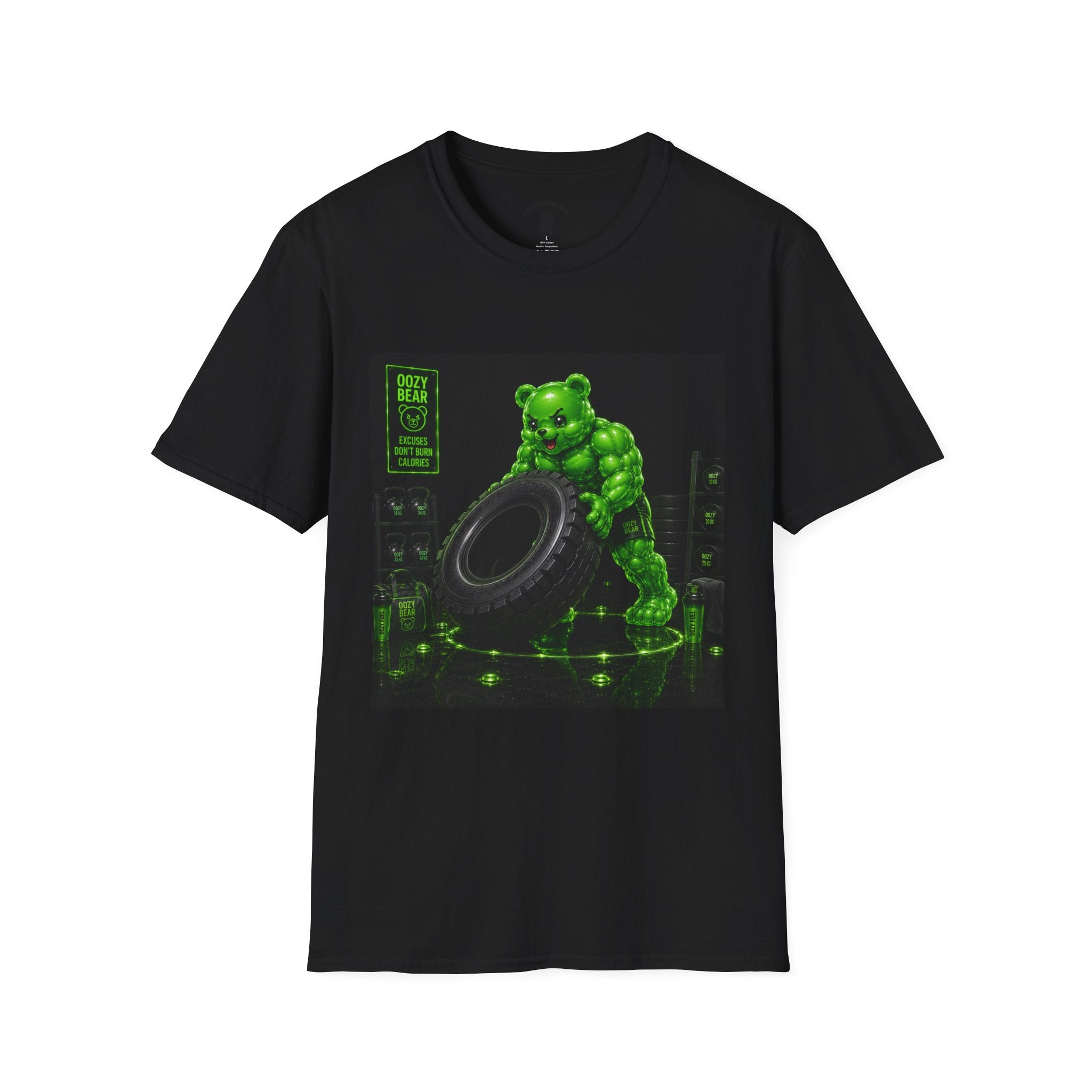 Tire Flipping Work Out, Emerald Oozy Buff Bear Gym Addition- Adult Graphic Shirt