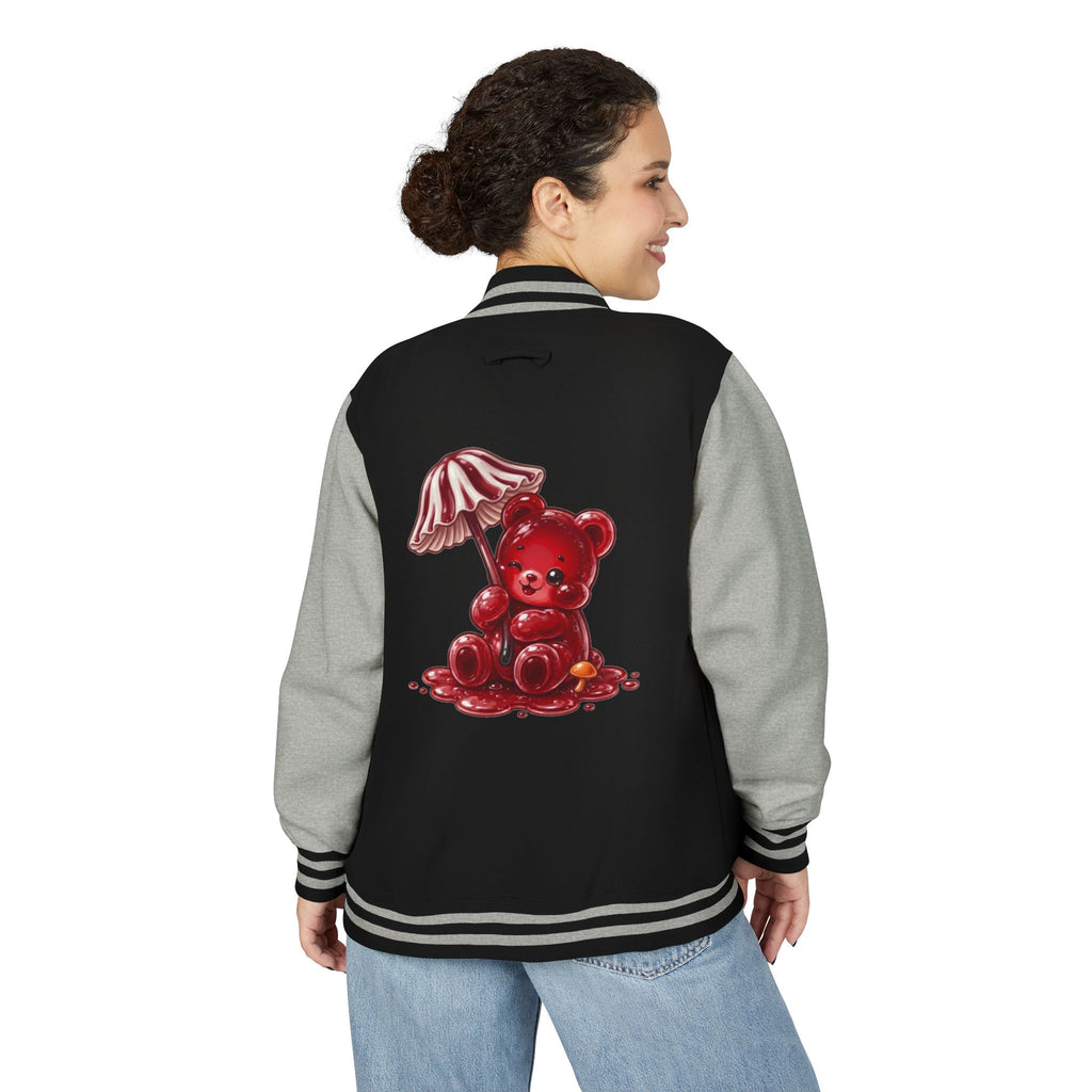 Red Stripped Mushroom Umbrella, Oozy Bear Gummy- Letterman Graphic Jacket