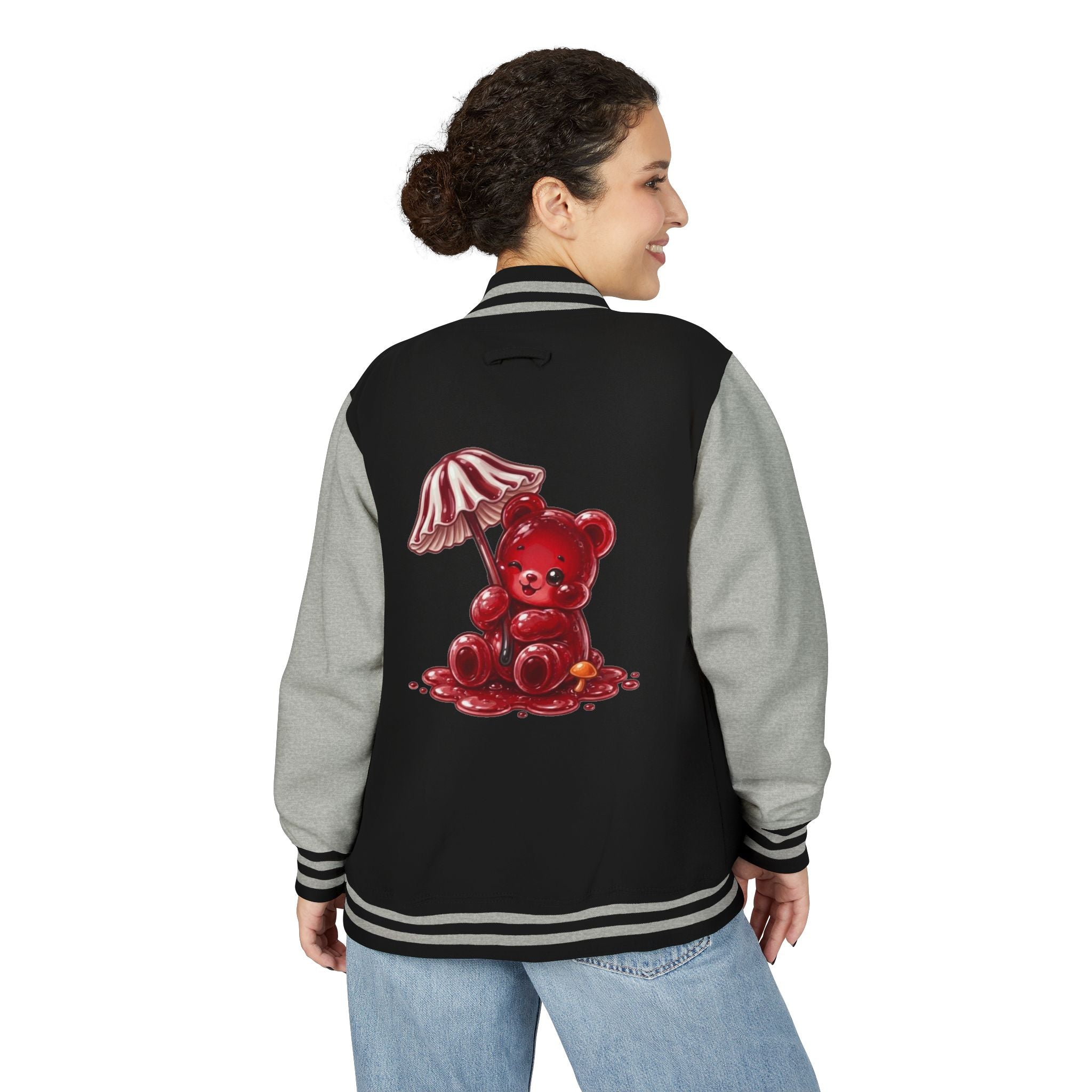 Red Stripped Mushroom Umbrella, Oozy Bear Gummy- Letterman Graphic Jacket