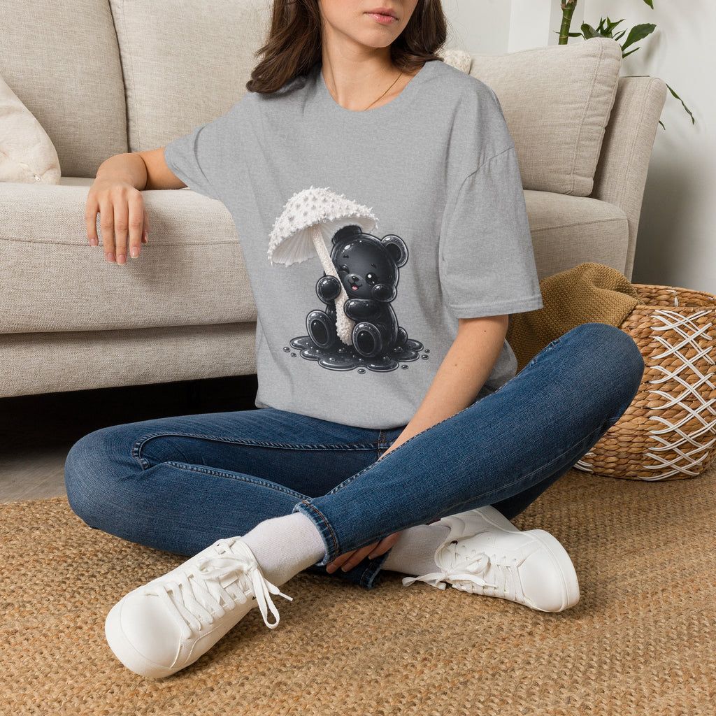 Beautiful Veiled White Mushroom, Black Oozy Bear Gummy Friend- Graphic Shirt