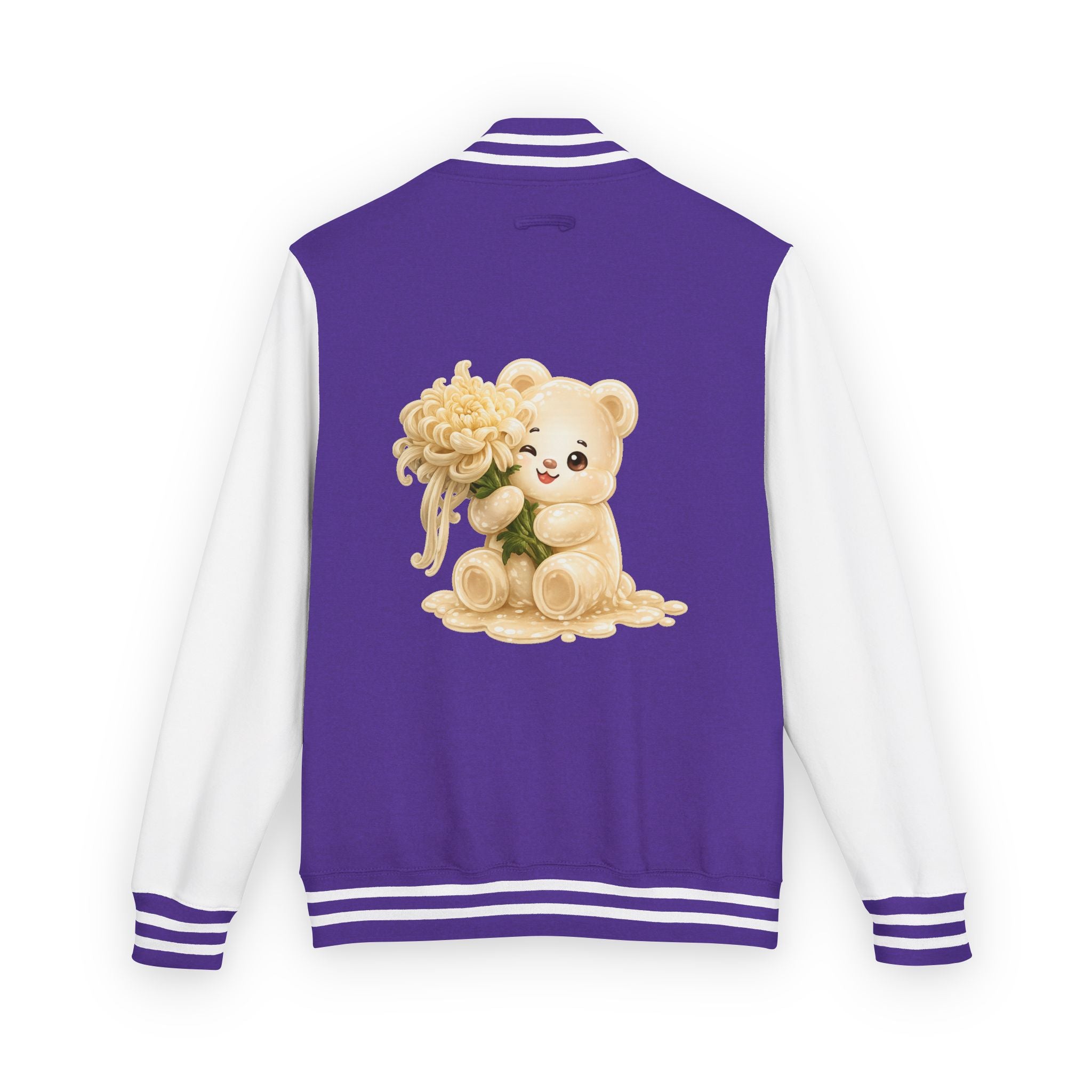 Creamy White Chrysanthemum Flower Addition, White Oozy Bear Gummy Friend- Lettermen Graphic Jacket
