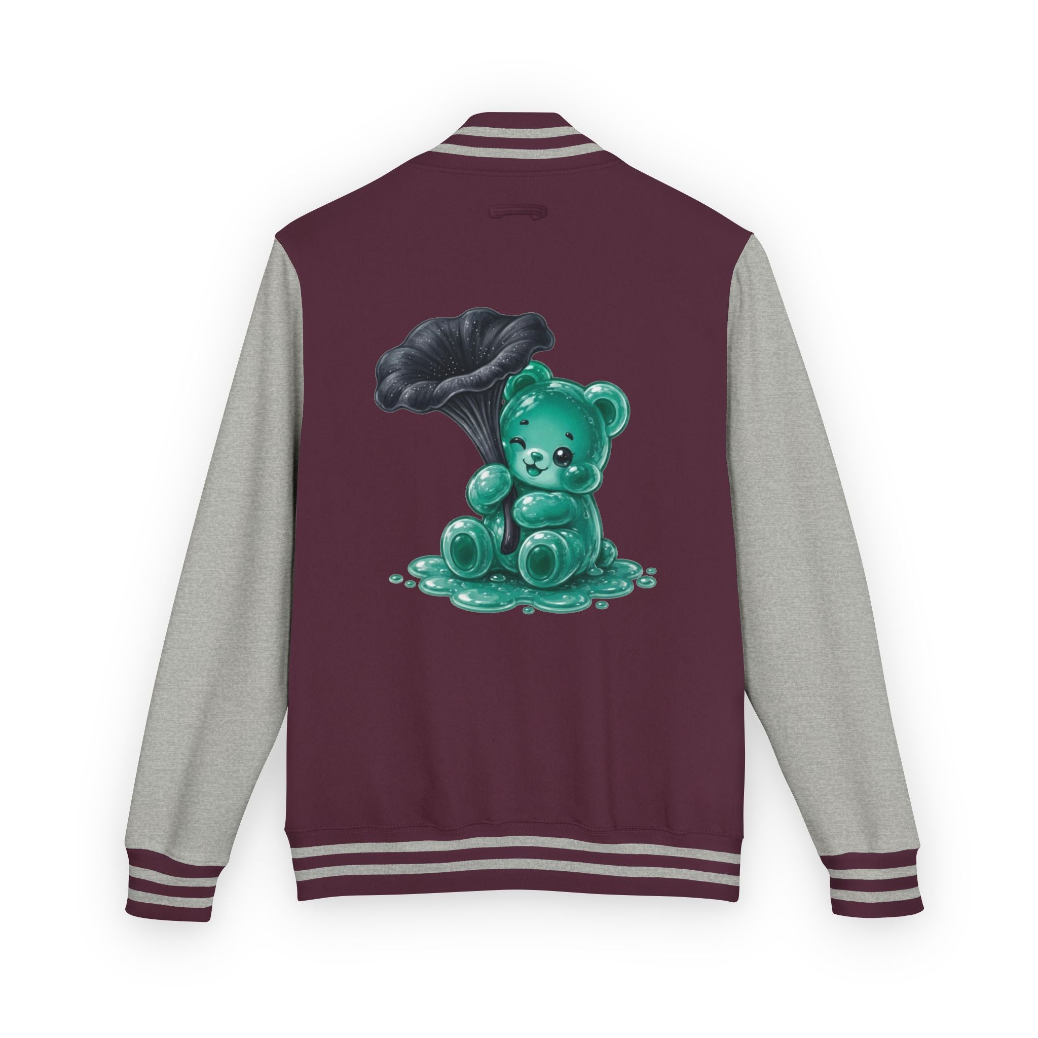 Black Trumpet Mushroom, Teal Oozy Bear Gummy Friend- Letterman Graphic Jacket