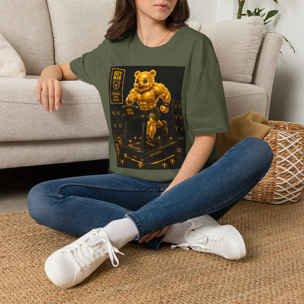 Running The Treadmill, Golden Yellow Oozy Buff Bear Workout- Adult Graphic Shirt