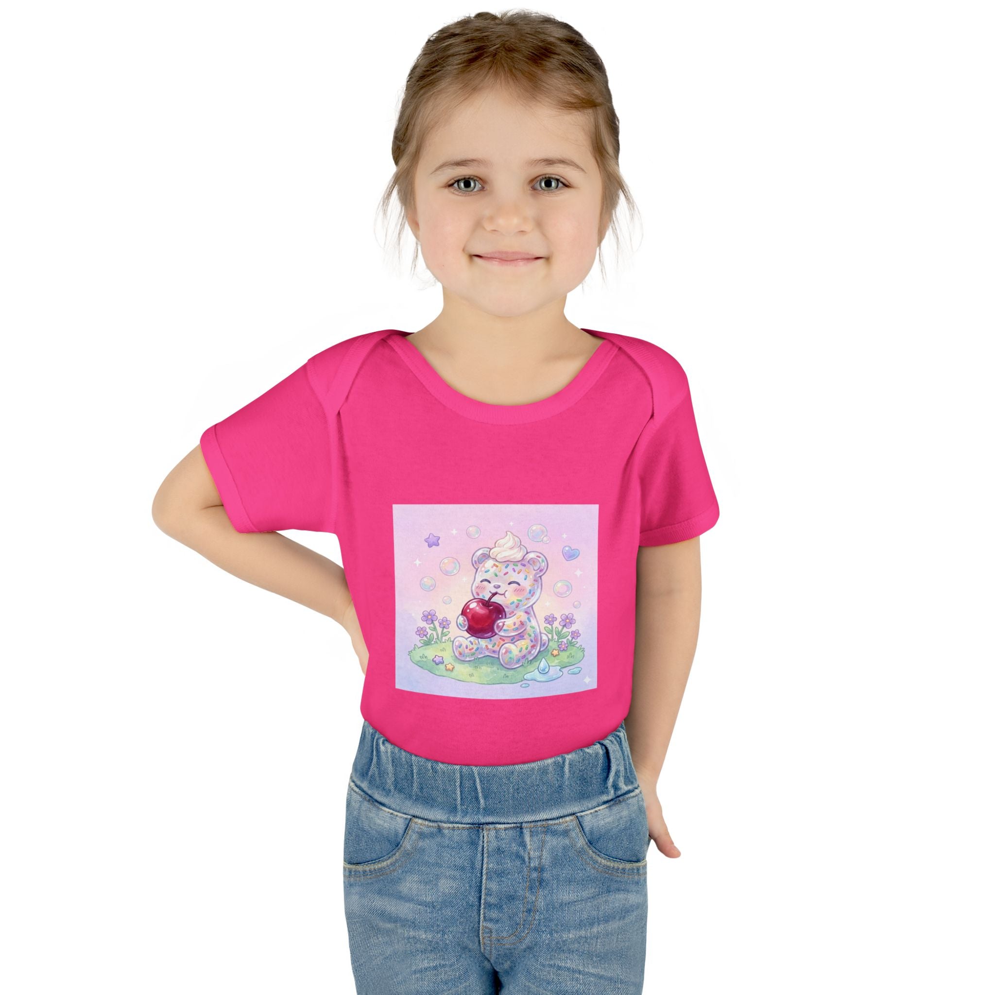 Gooey Gummy Birthday Sprinkles Cake bear eating a Cherry- Infant Onesie