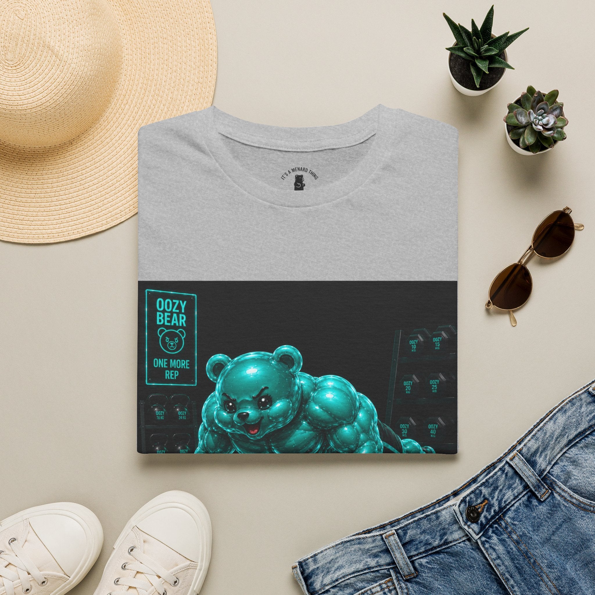 Neon Fitness Push Ups, Teal Oozy Buff Bear Gummy Gym Addition- Adult Graphic Shirt