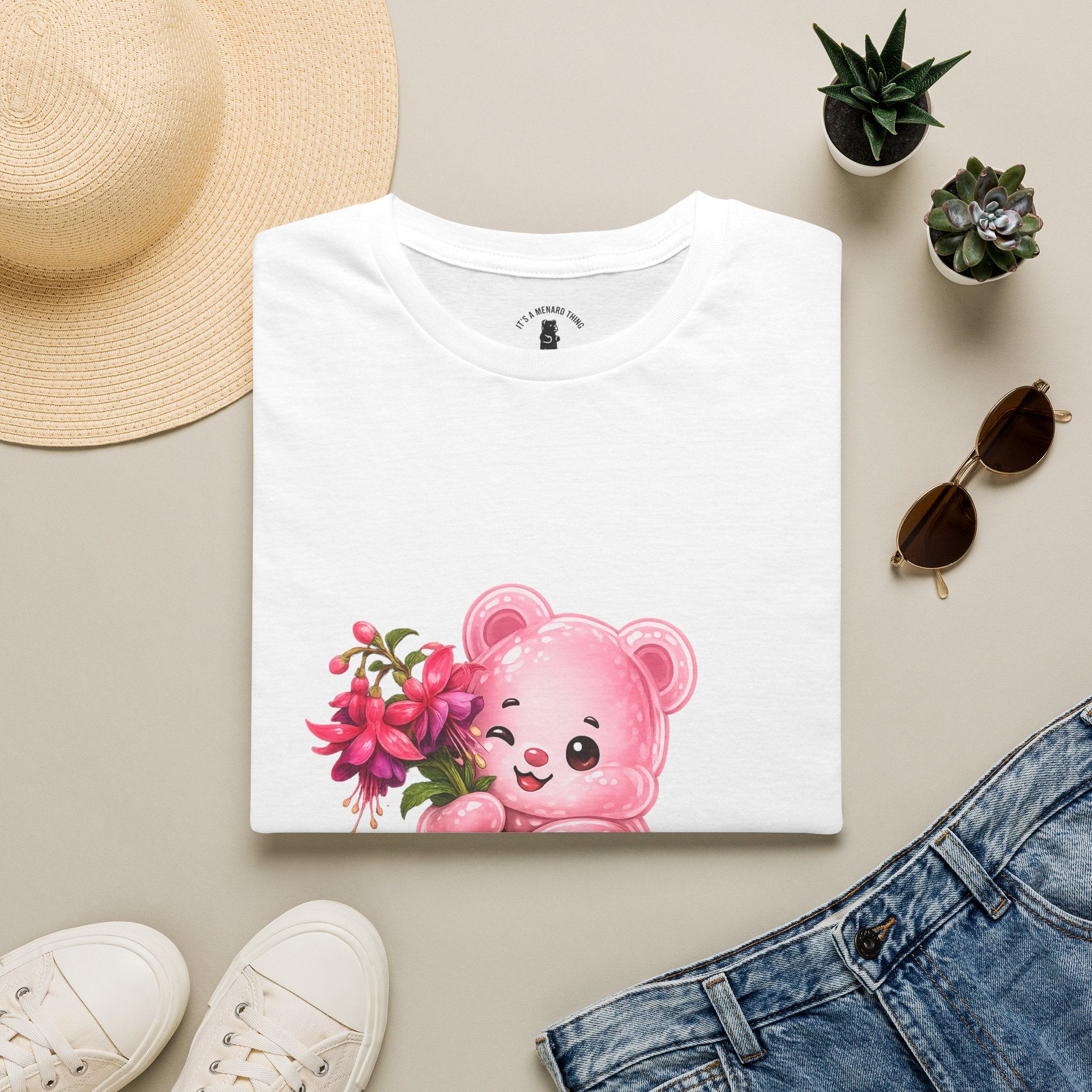 Tropical Pink Flowers, Pretty Pale Oozy Bear Friend- Graphic Shirt