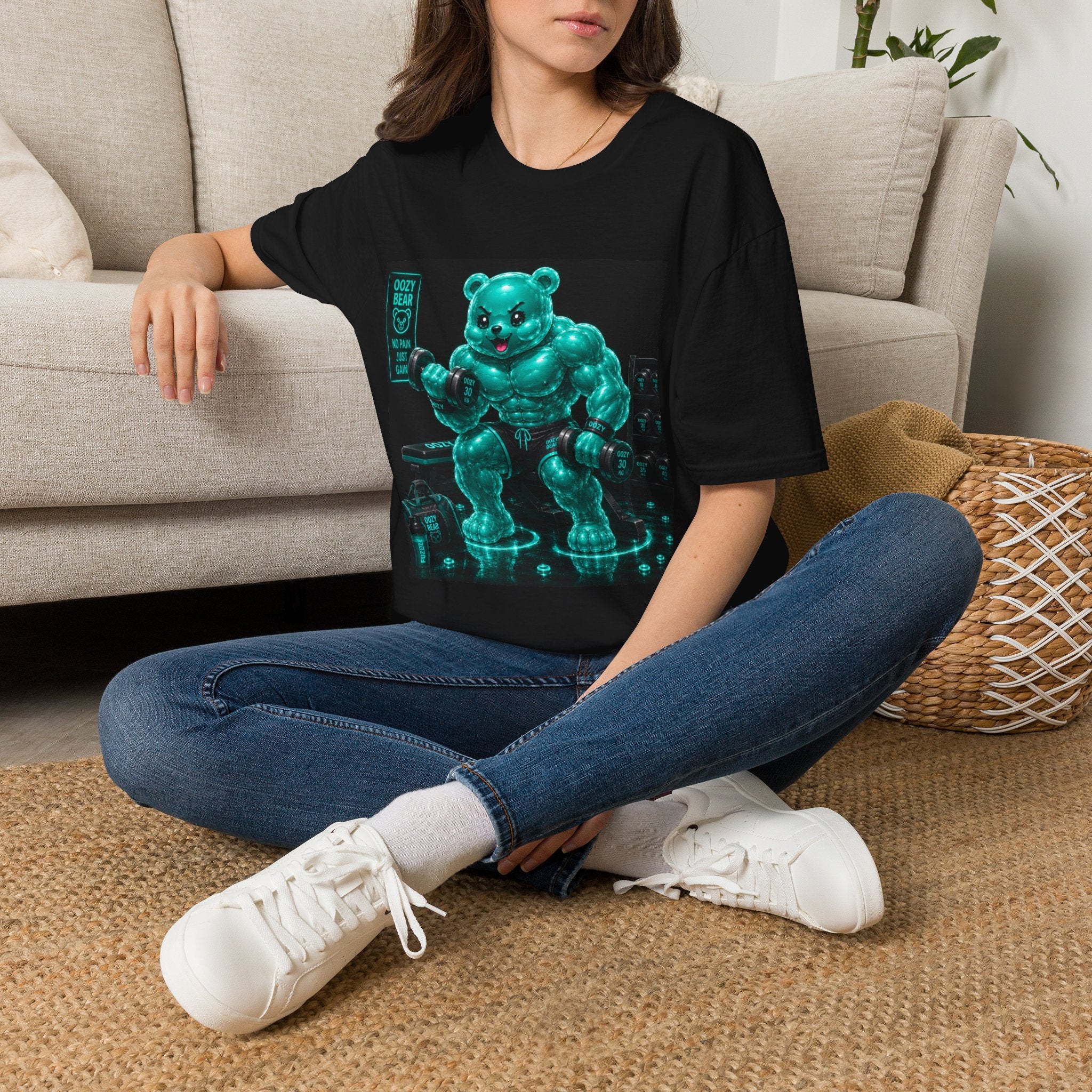 Working Out, Teal Oozy Buff Bear Gummy Gym Addition- Adult Graphic Shirt