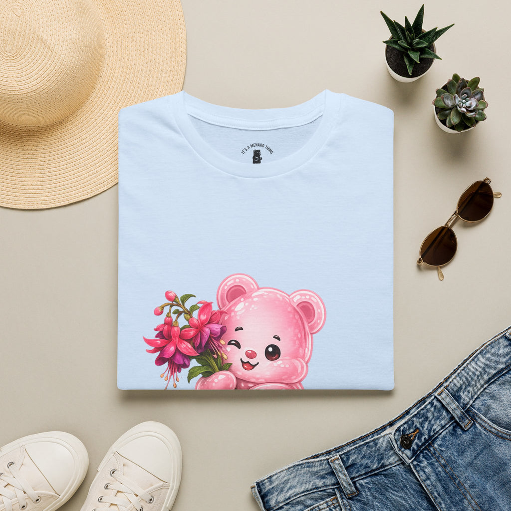 Tropical Pink Flowers, Pretty Pale Oozy Bear Friend- Graphic Shirt