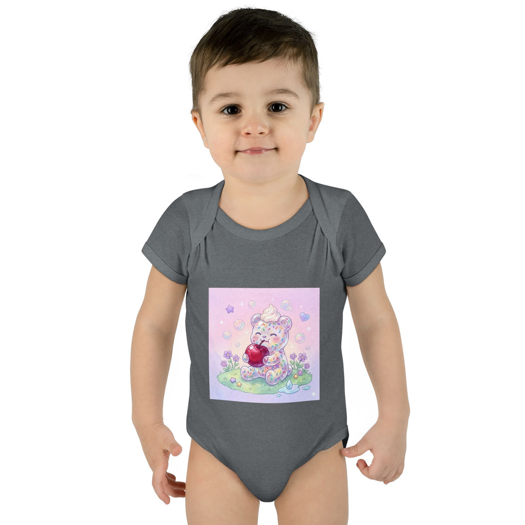 Gooey Gummy Birthday Sprinkles Cake bear eating a Cherry- Infant Onesie