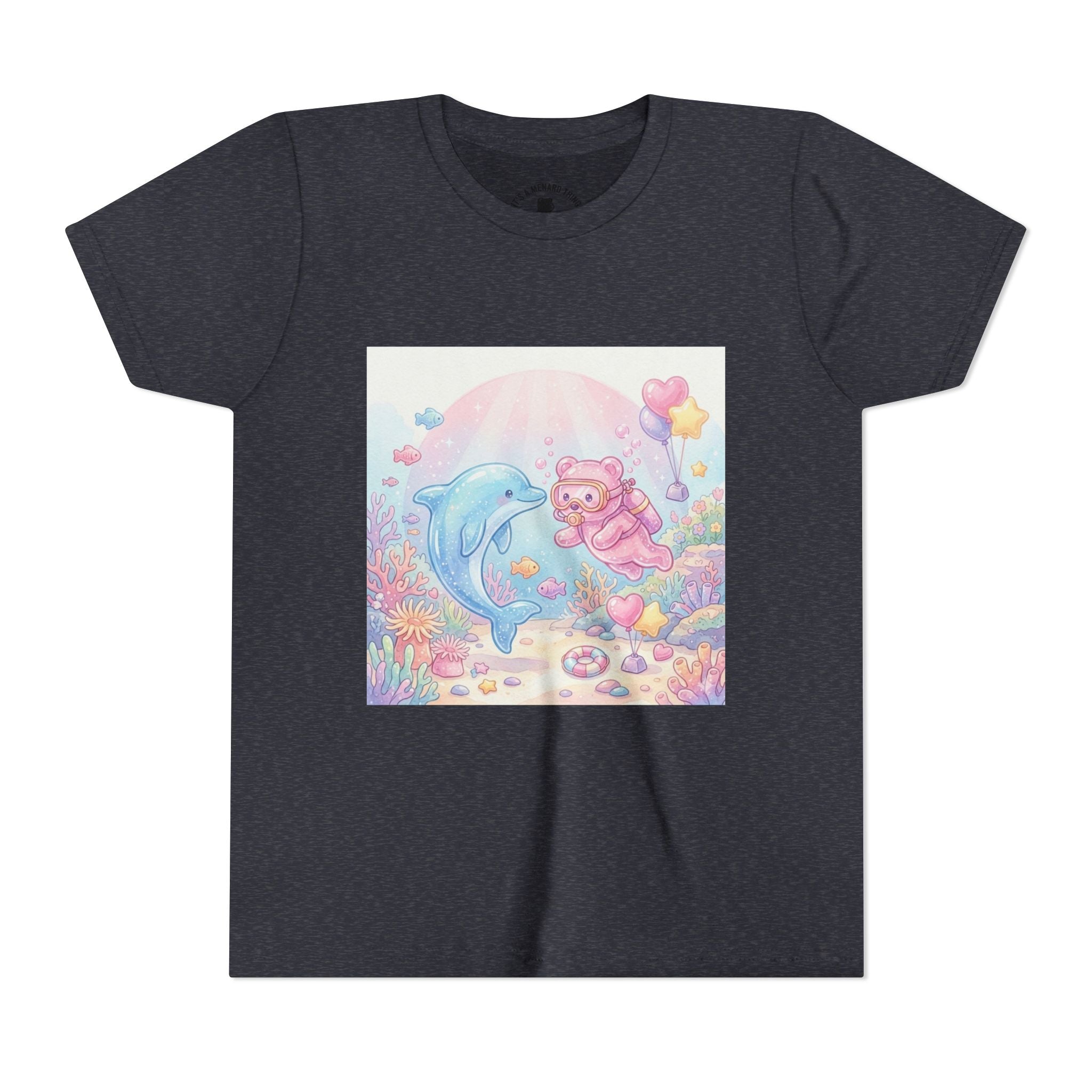 Dolphin & Pink Gooey Gummy Bear Underwater Tee — Pastel Ocean Animal Graphic Shirt