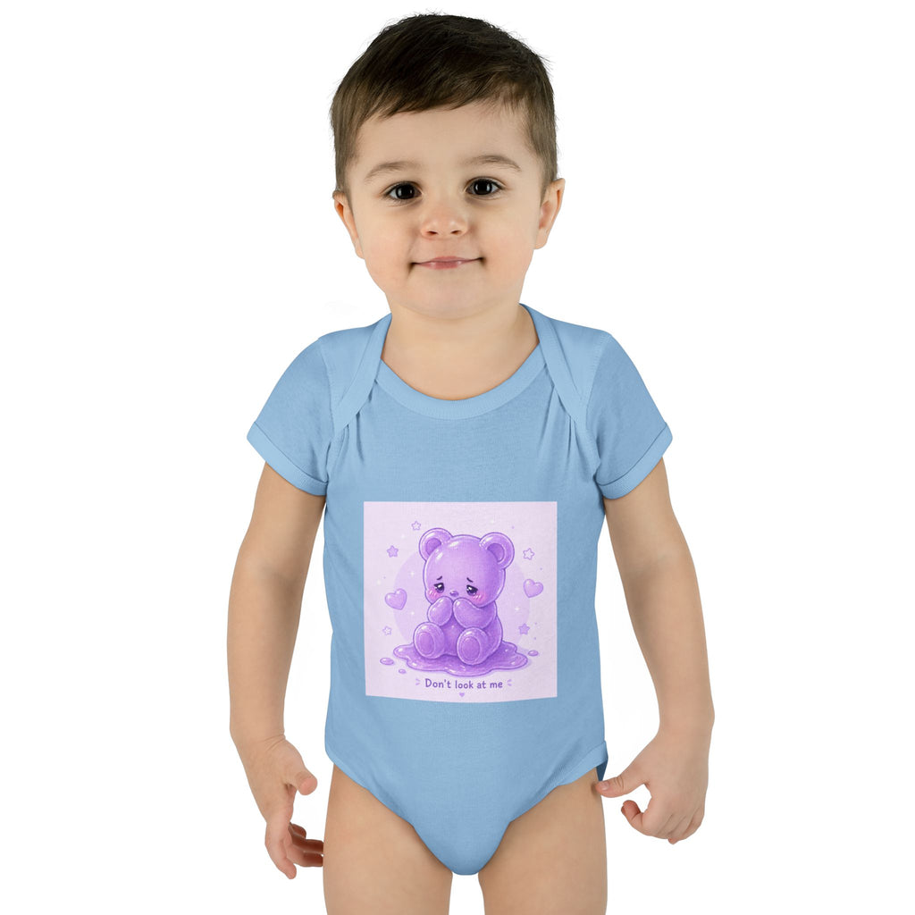 Purple Gooey Gummy Shy bear Baby Bodysuit - "Don't Look at Me" Cute Infant Onesie