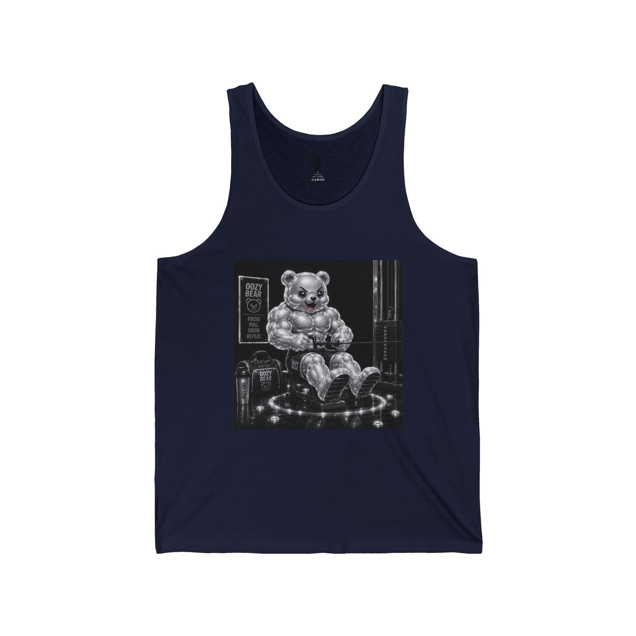Bench Workout, Silver Oozy Buff Bear Gummy Gym Addition- Adult Graphic Shirt