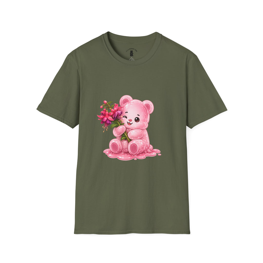 Tropical Pink Flowers, Pretty Pale Oozy Bear Friend- Graphic Shirt